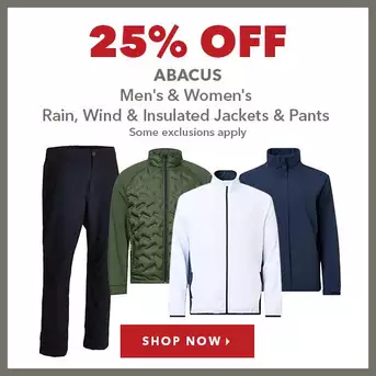 Abacus Men's & Women's Rain, Wind & Insulated Jackets & Pants - 25% Off