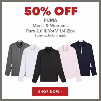 Puma Men's & Women's Pure 2.0 & YouV 1/4 Zips - 50% Off
