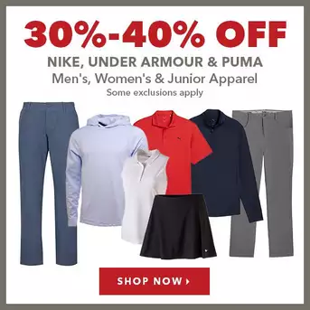 Nike, Under Armour & Puma Men's, Women's & Junior Apparel 30% - 40% Off 