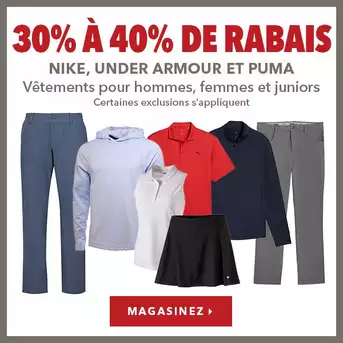Vêtements Nike, Under Armour et Puma pour hommes, femmes et juniors – 30 à 40 % de rabais