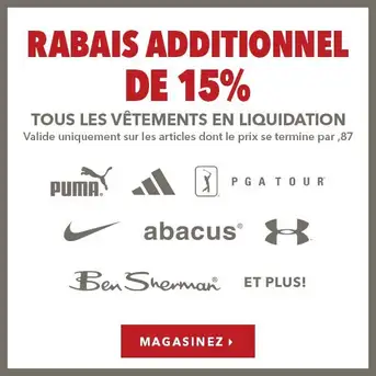 Vêtements en liquidation pour femmes, hommes et juniors – 15% de rabais supplémentaire