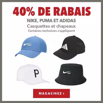 Casquettes et chapeaux Nike, Puma et Adidas – 40% de rabais