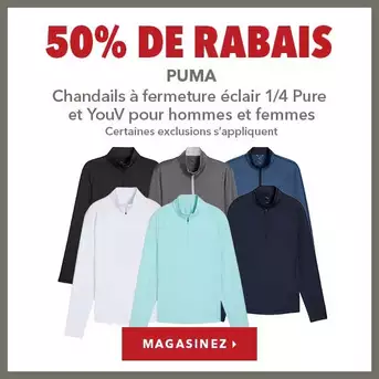Chandails à fermeture éclair 1/4 Pure et YouV Puma pour hommes et femmes – 50% de rabais
