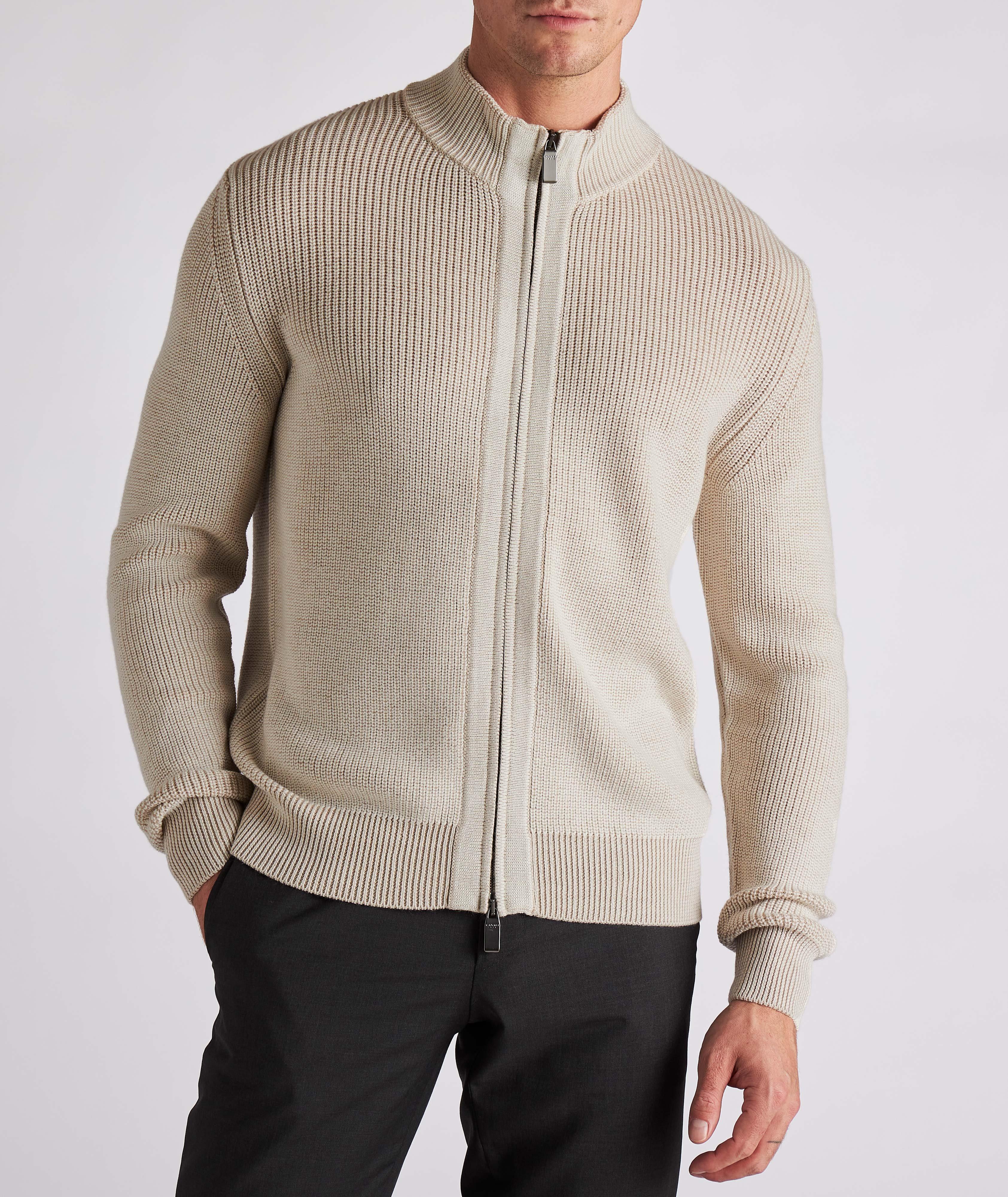 Zip-Up Cable Knit Wool Sweater image 1