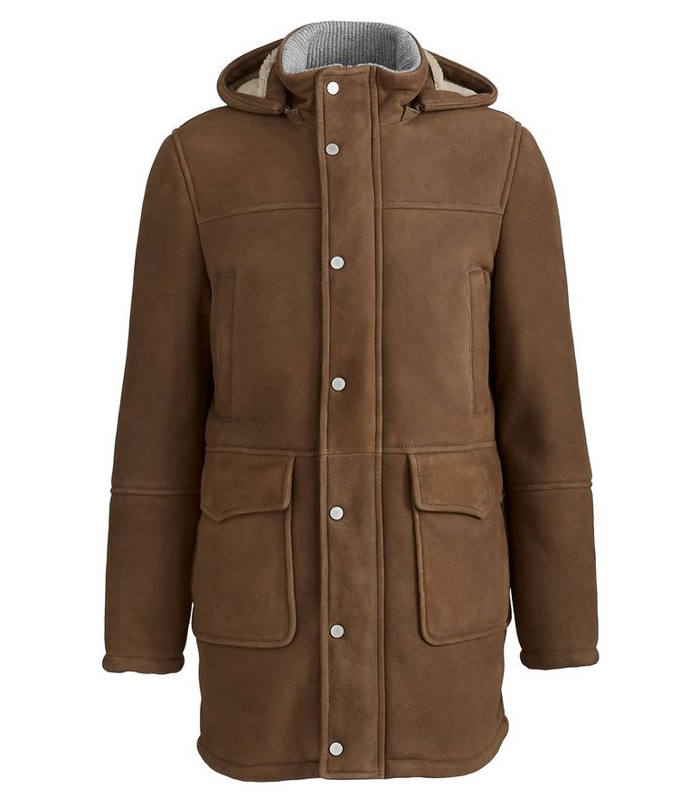 Hooded Suede Shearling Parka image 0