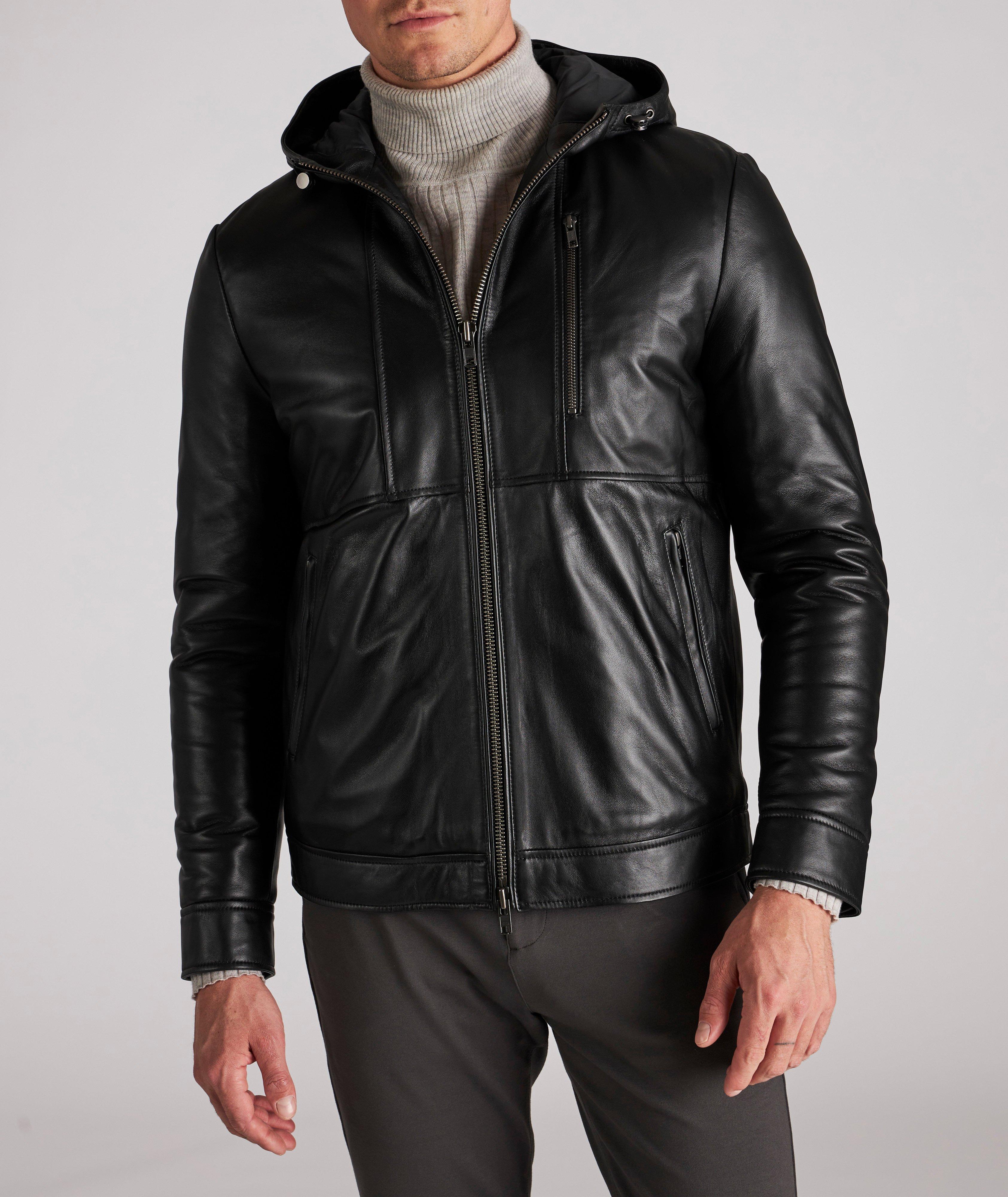 Hooded Leather Bomber Jacket image 1
