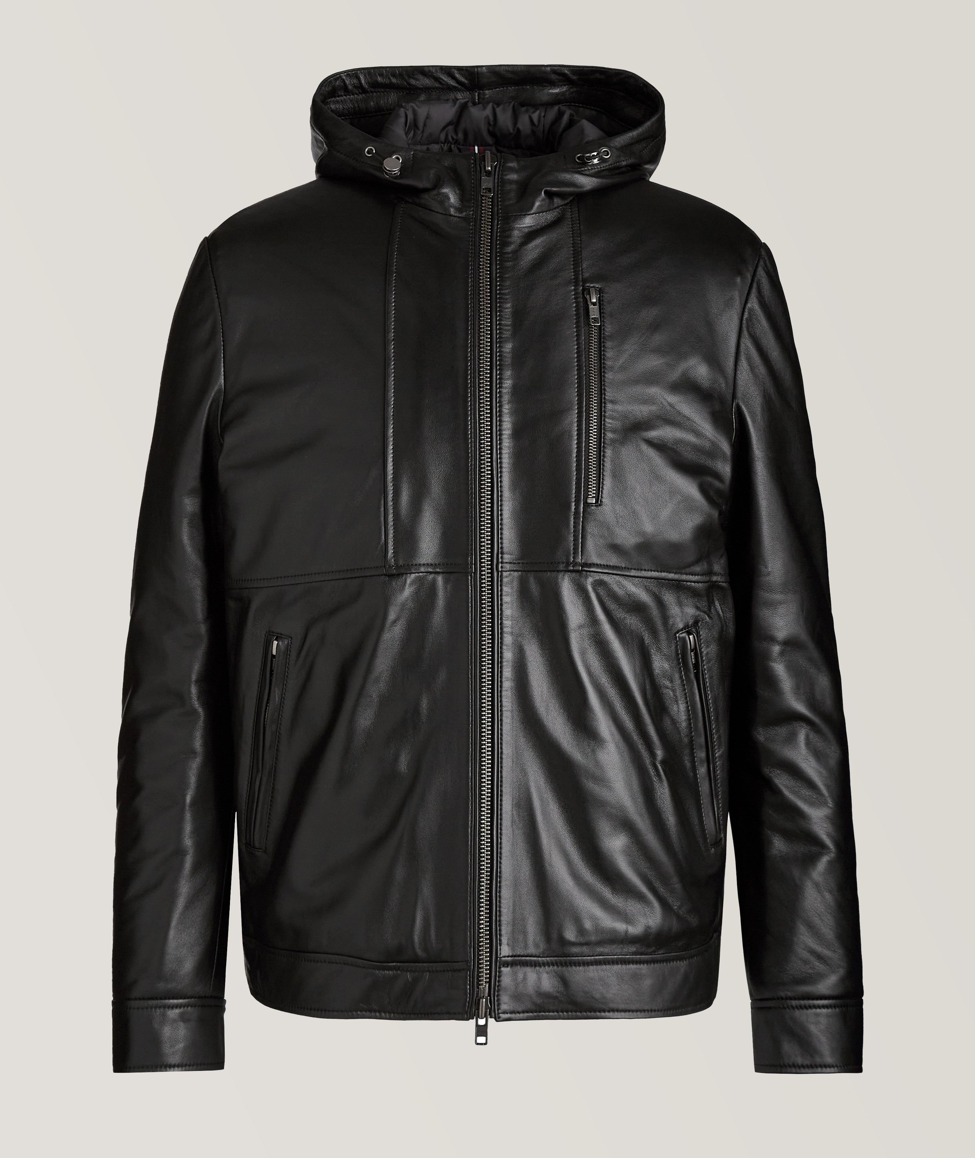 Hooded Leather Bomber Jacket image 0