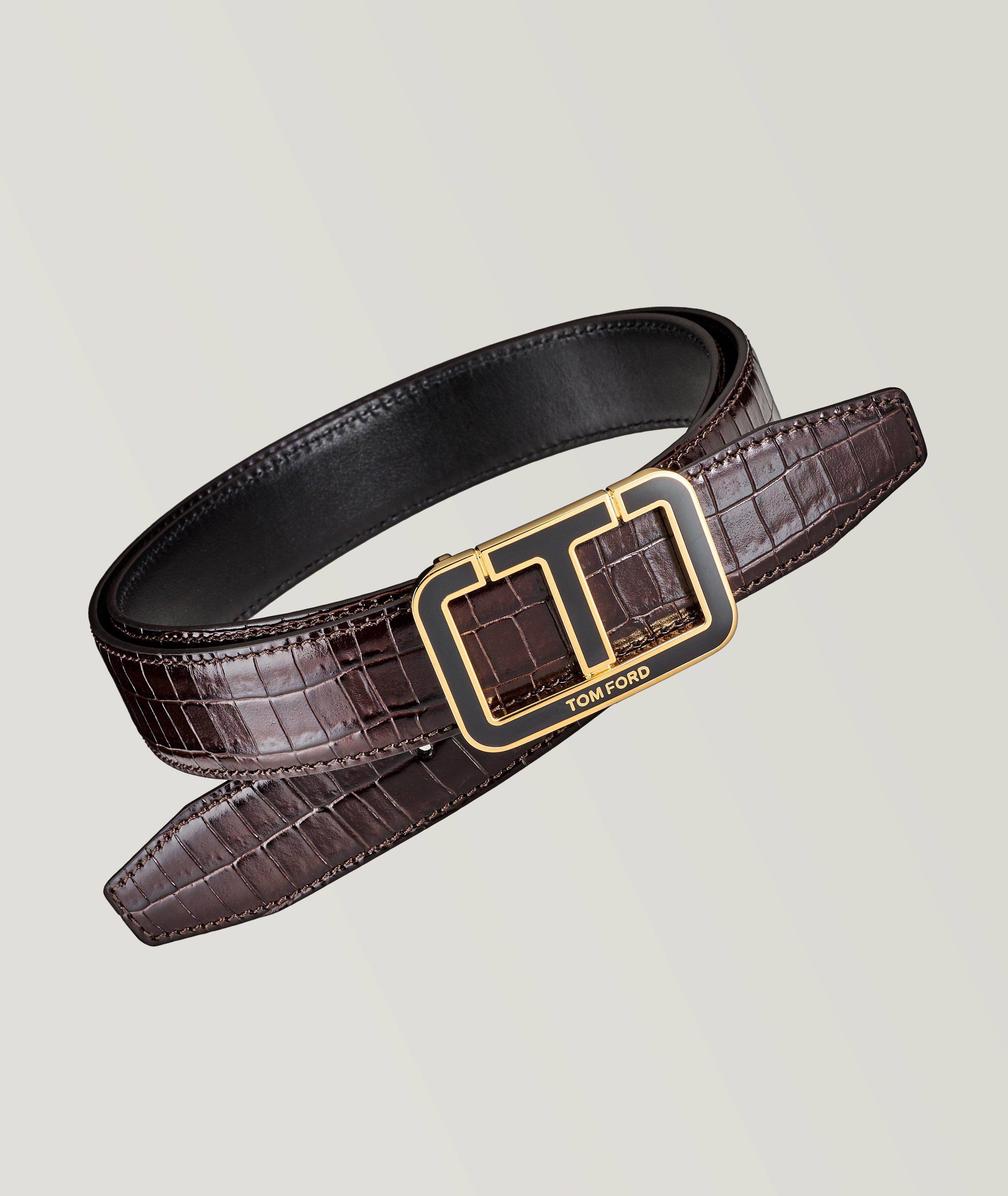 Crocodile Scored T-Buckle Leather Belt image 0