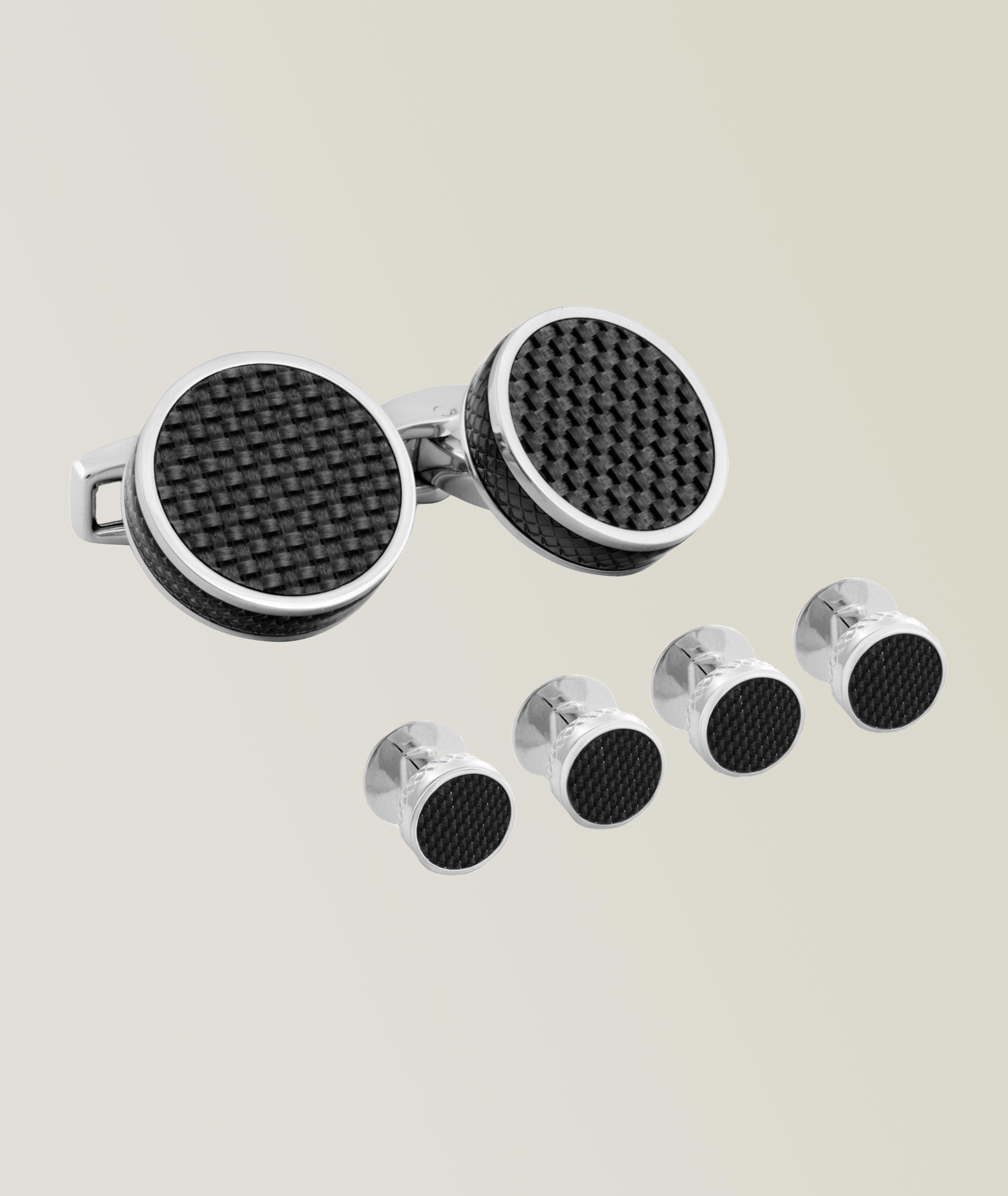 Round Rhodium Carbon Fibre Stud Set image 0