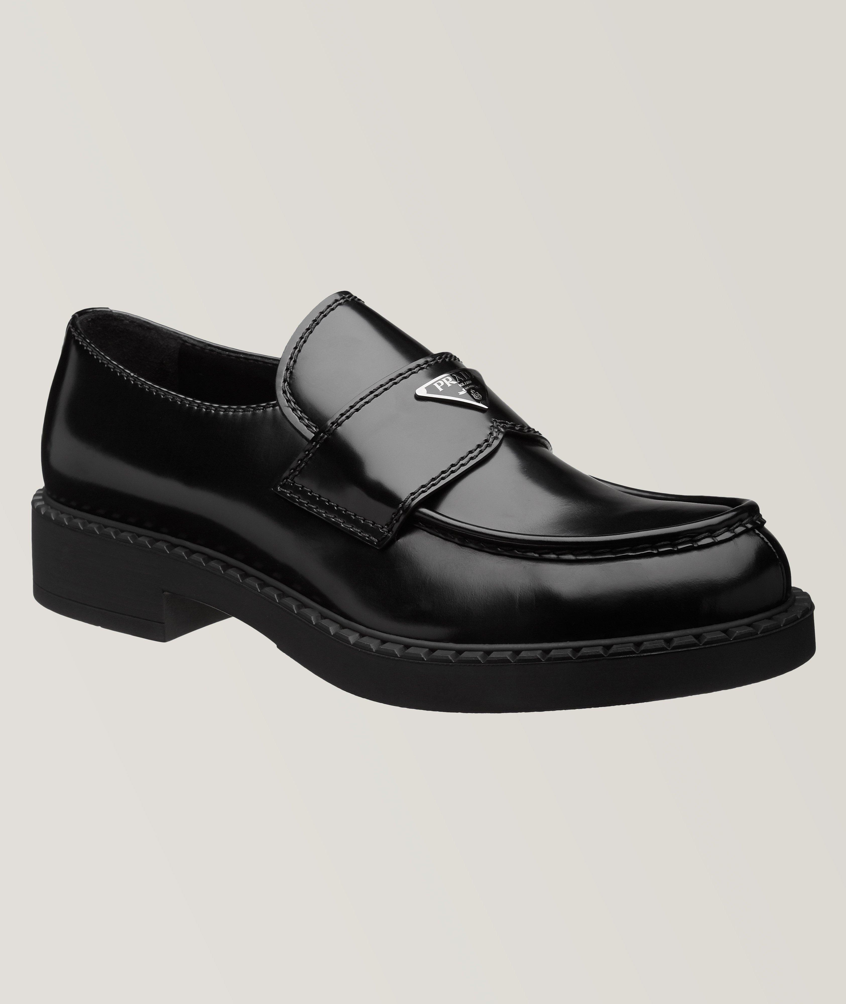 Prada Logo Spazzolato Leather Loafers