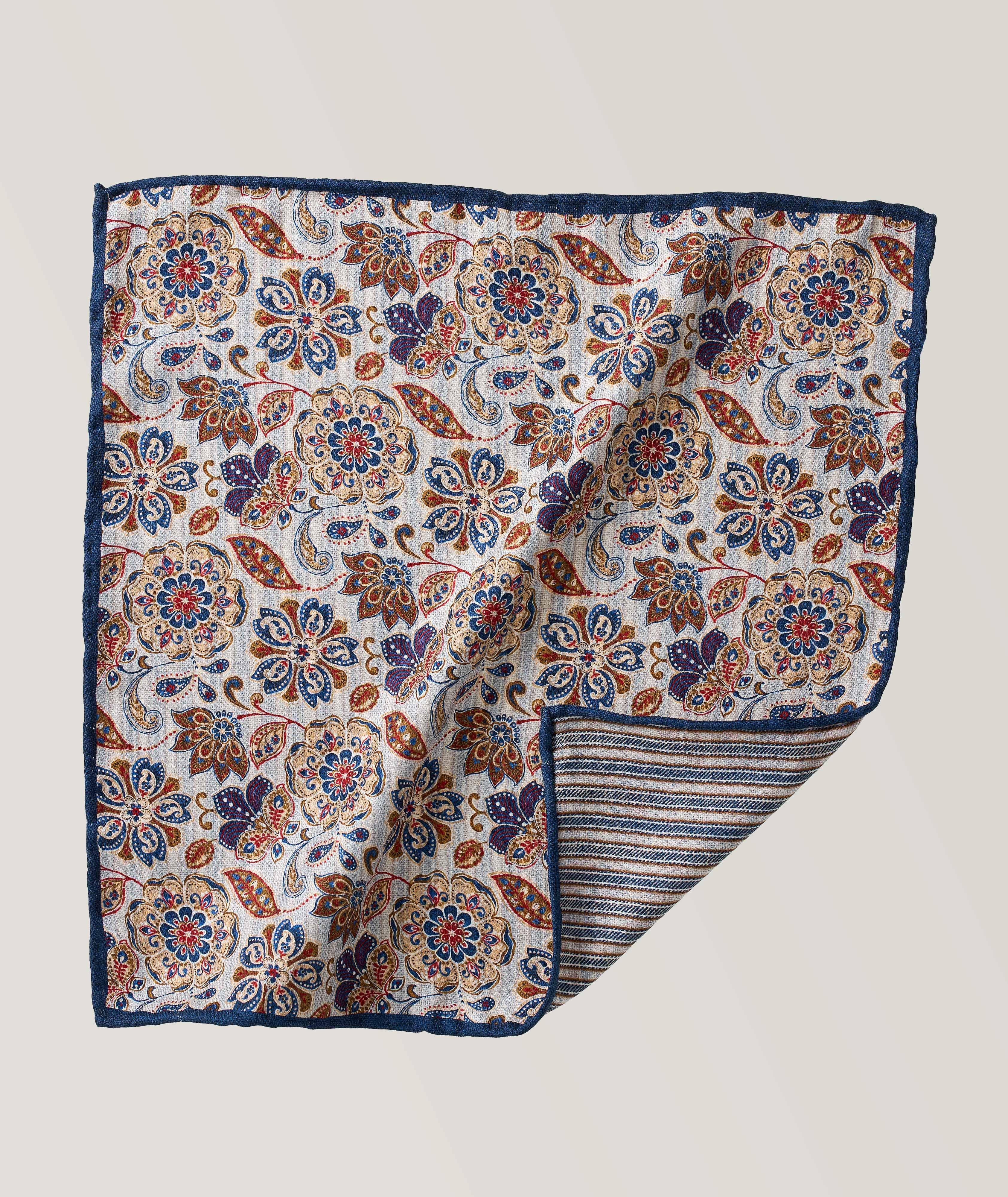 Reversible Floral Stripe Print Silk Pocket Square image 0