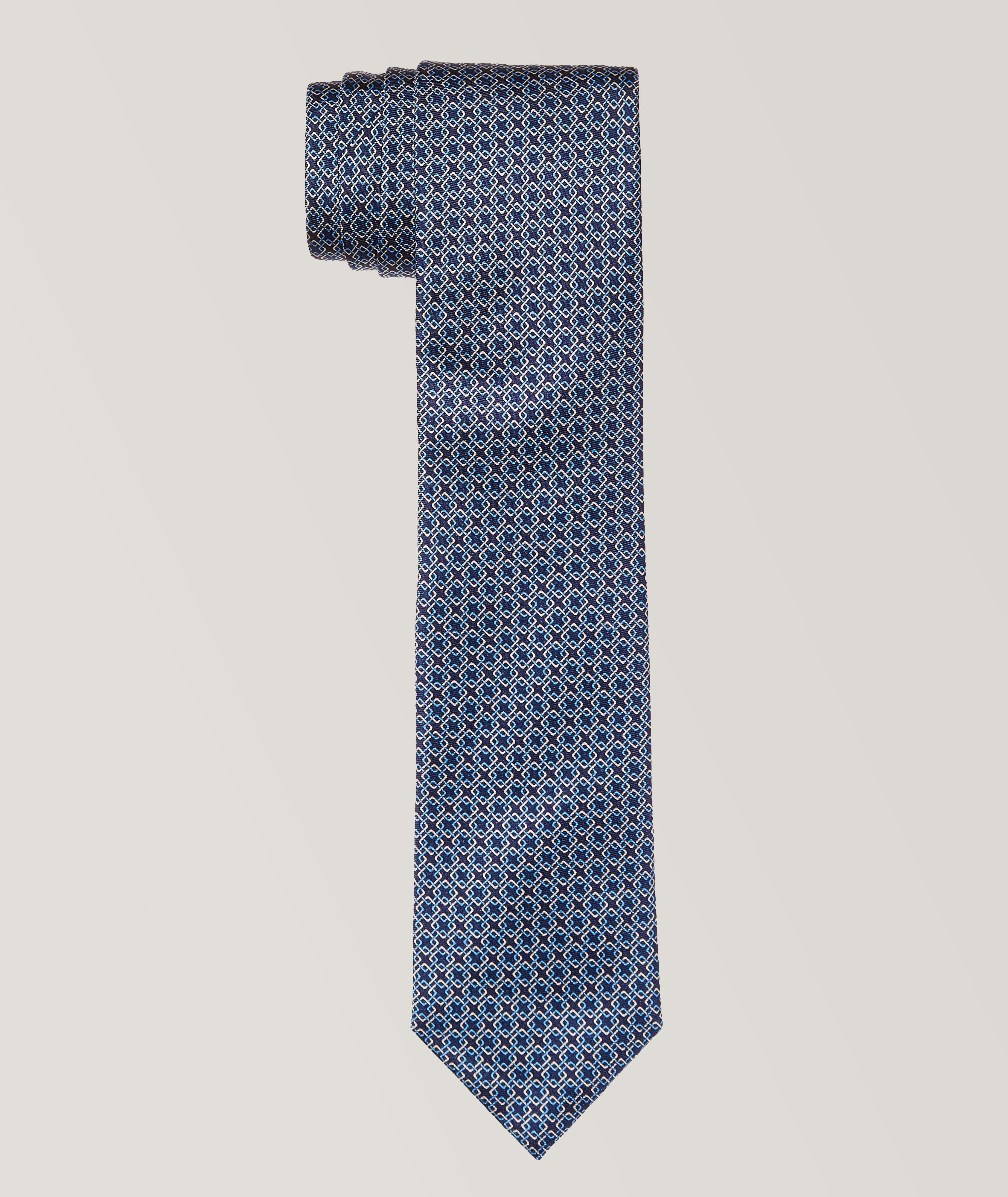 Dark Blue Geometric Print Silk Tie  image 0