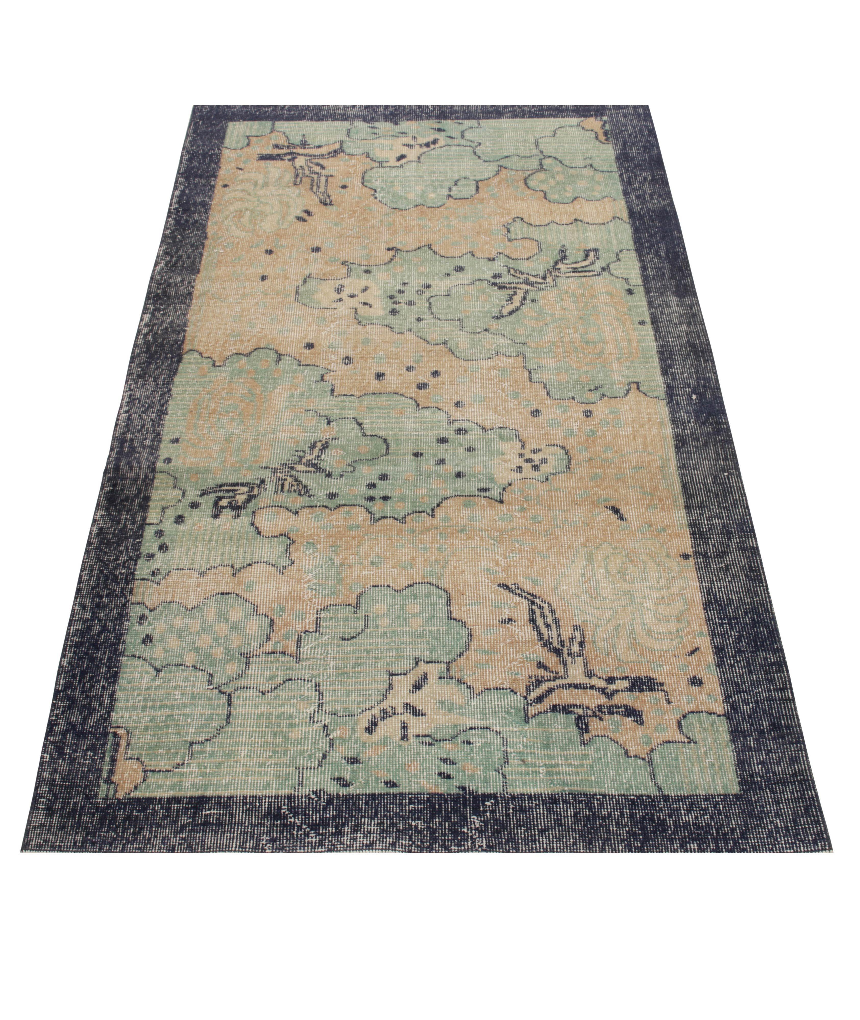 1960s Hand-Knotted Vintage Distressed Deco Floral Rug image 1