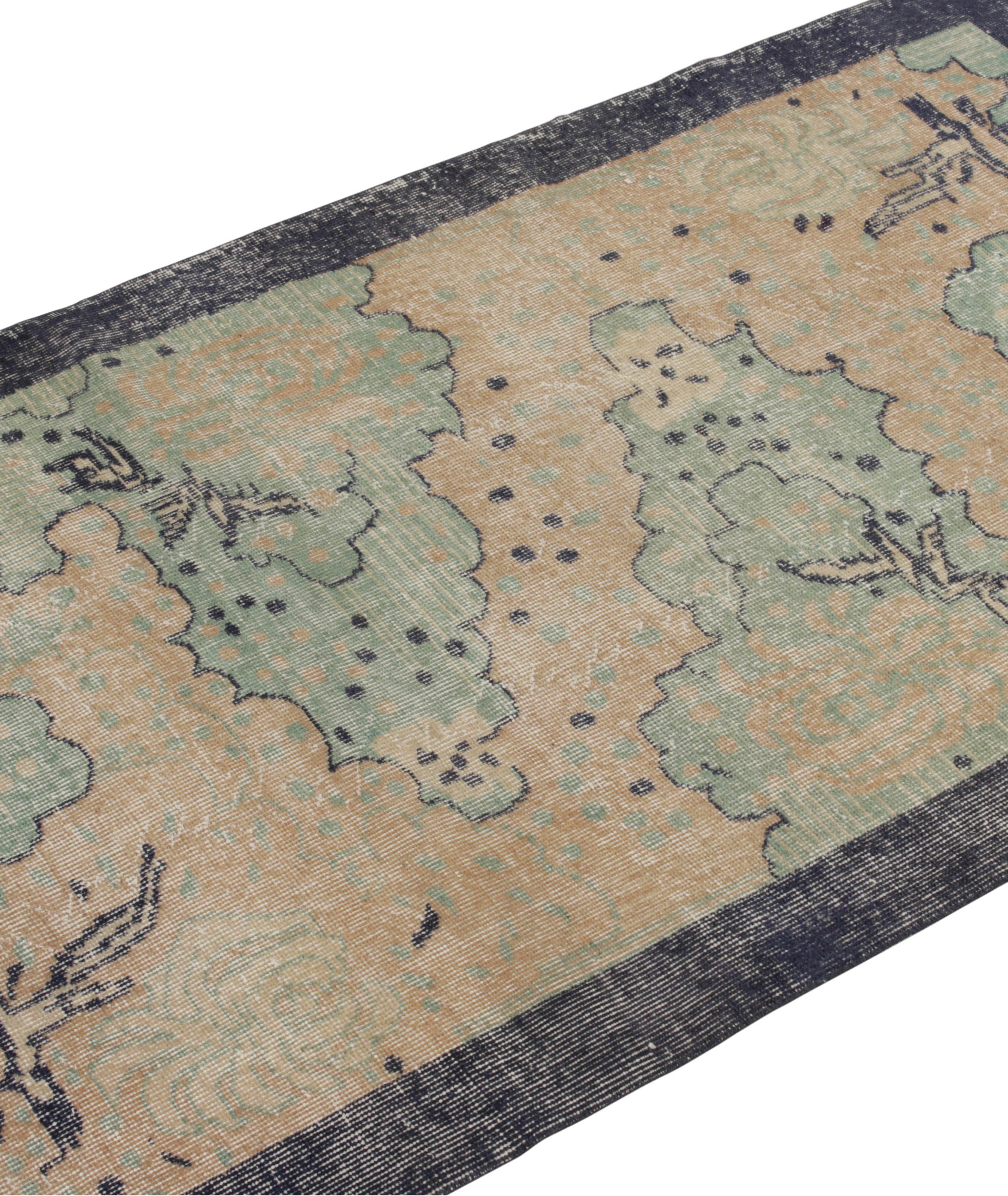 1960s Hand-Knotted Vintage Distressed Deco Floral Rug image 2