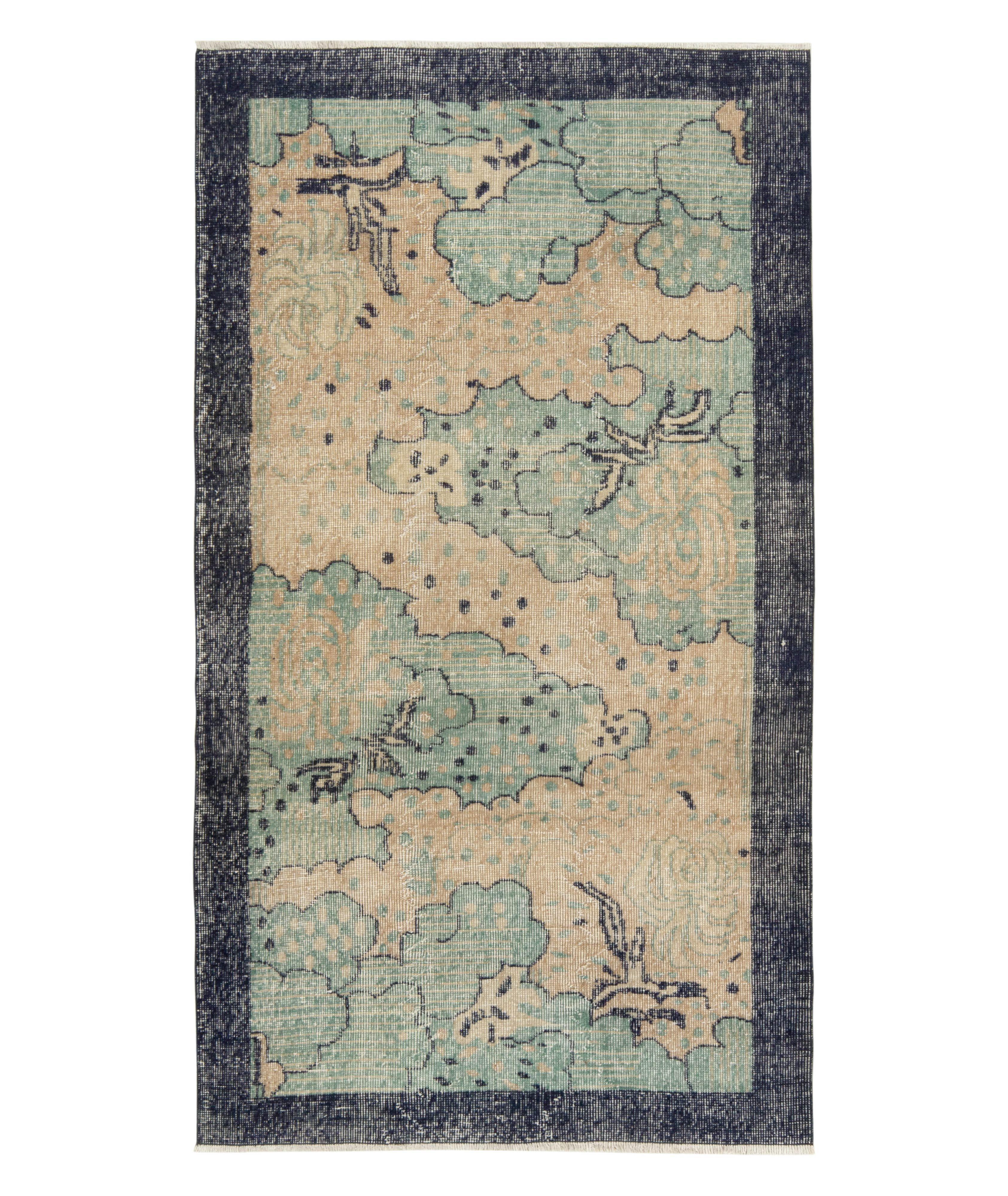 1960s Hand-Knotted Vintage Distressed Deco Floral Rug image 0