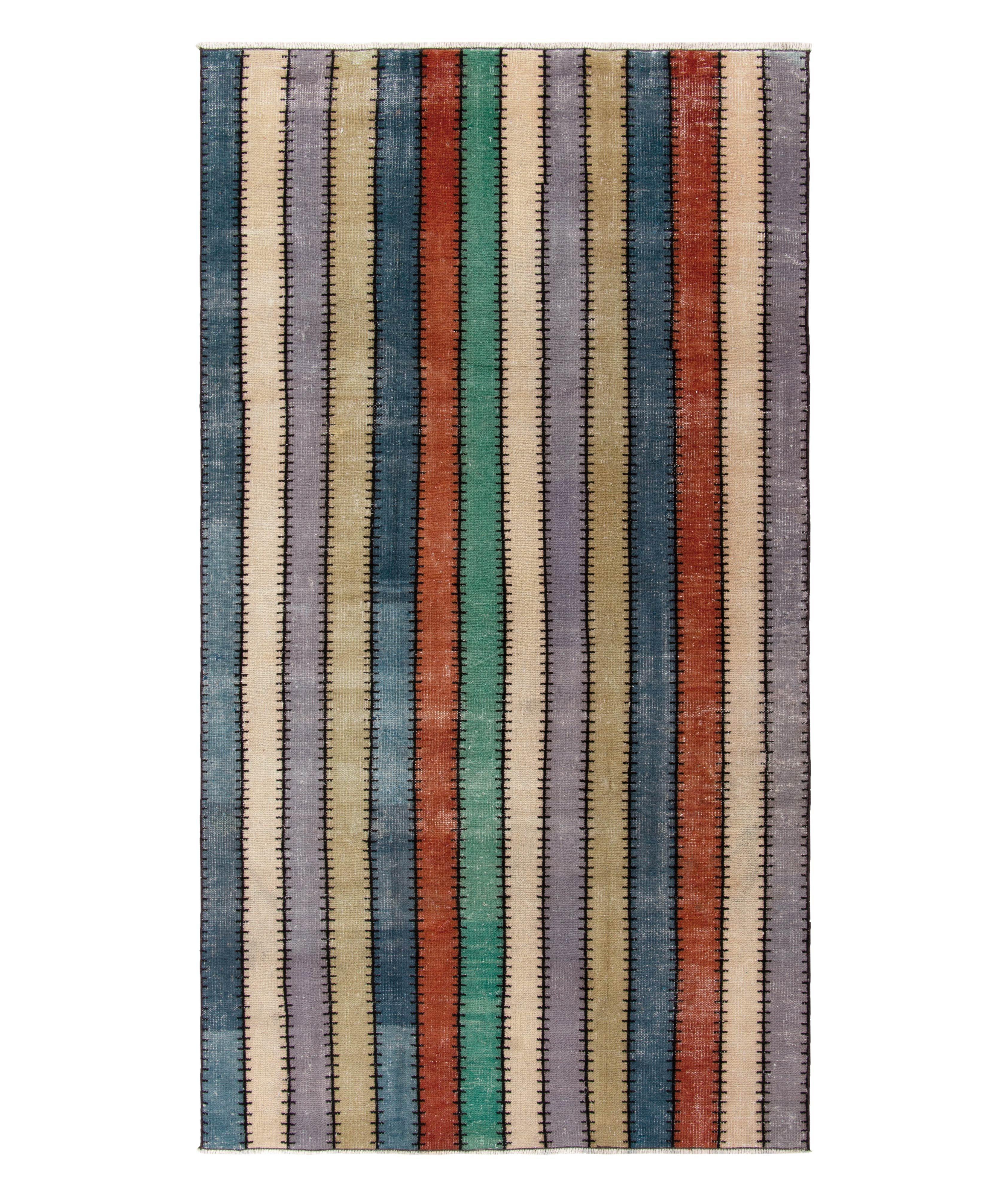 1960s Vintage Distressed Striped Pattern Rug image 0