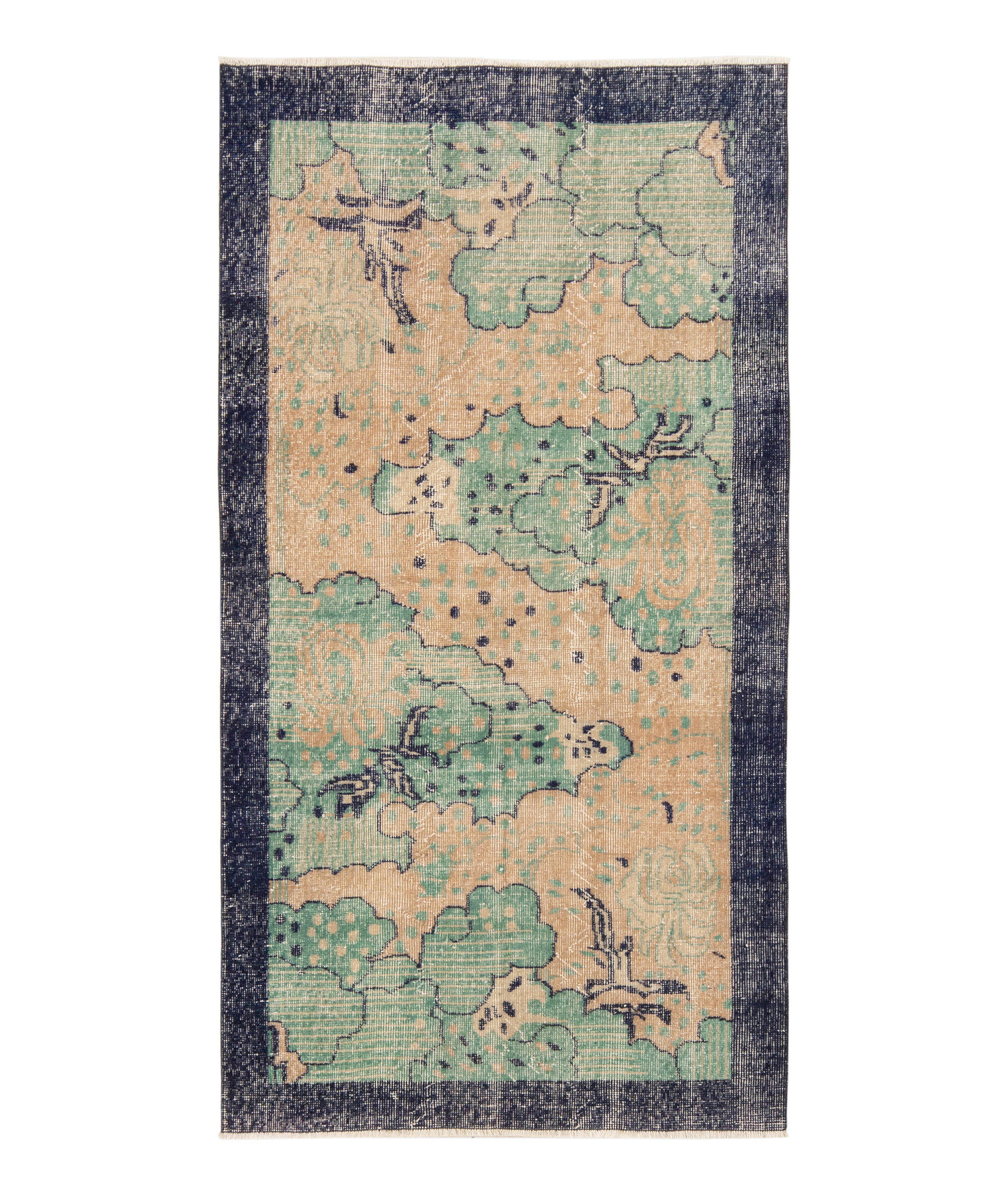 1960s Hand-Knotted Vintage Distressed Deco Rug   image 0