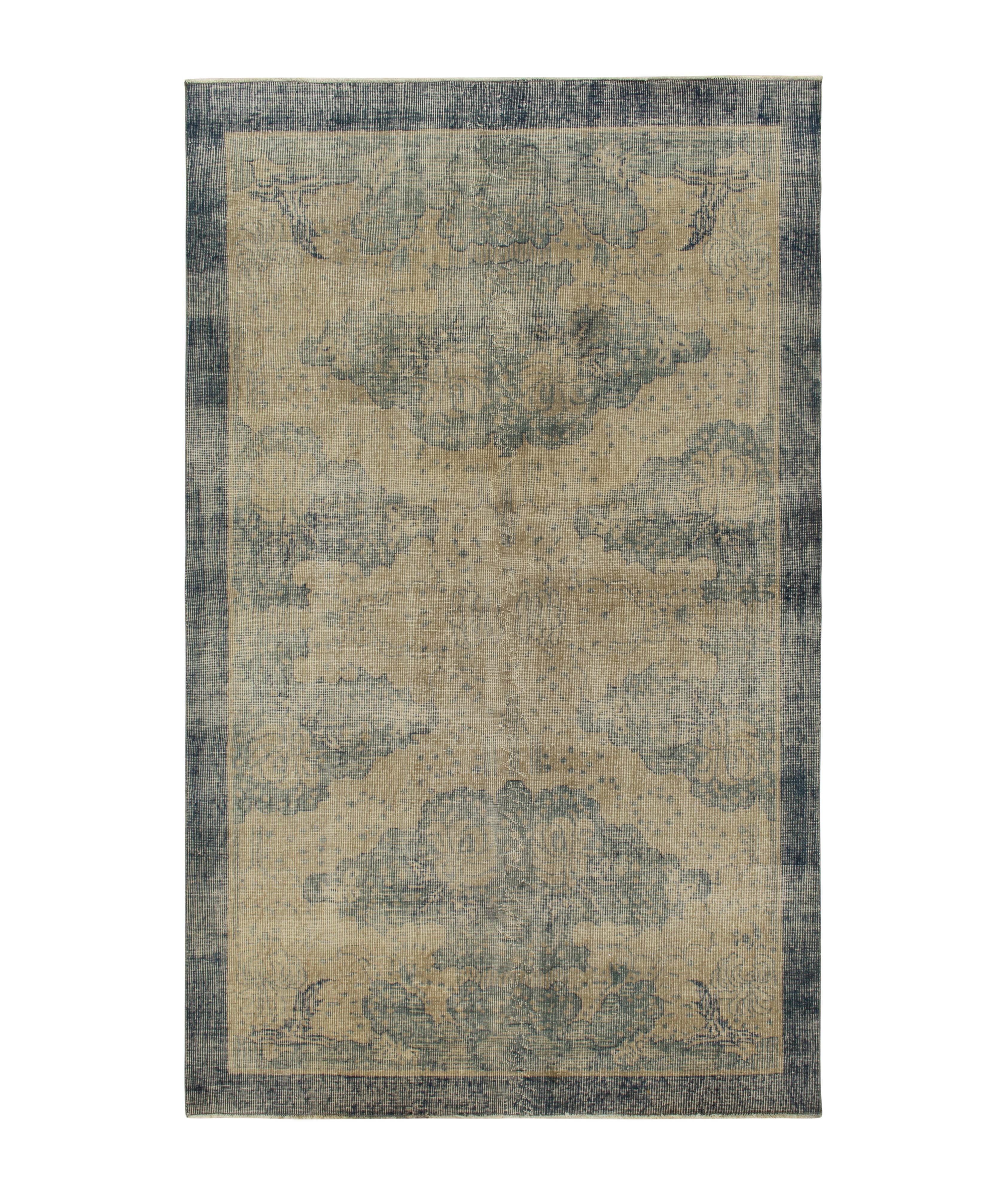 1960s Hand-Knotted Vintage Beige Blue Floral Rug image 0