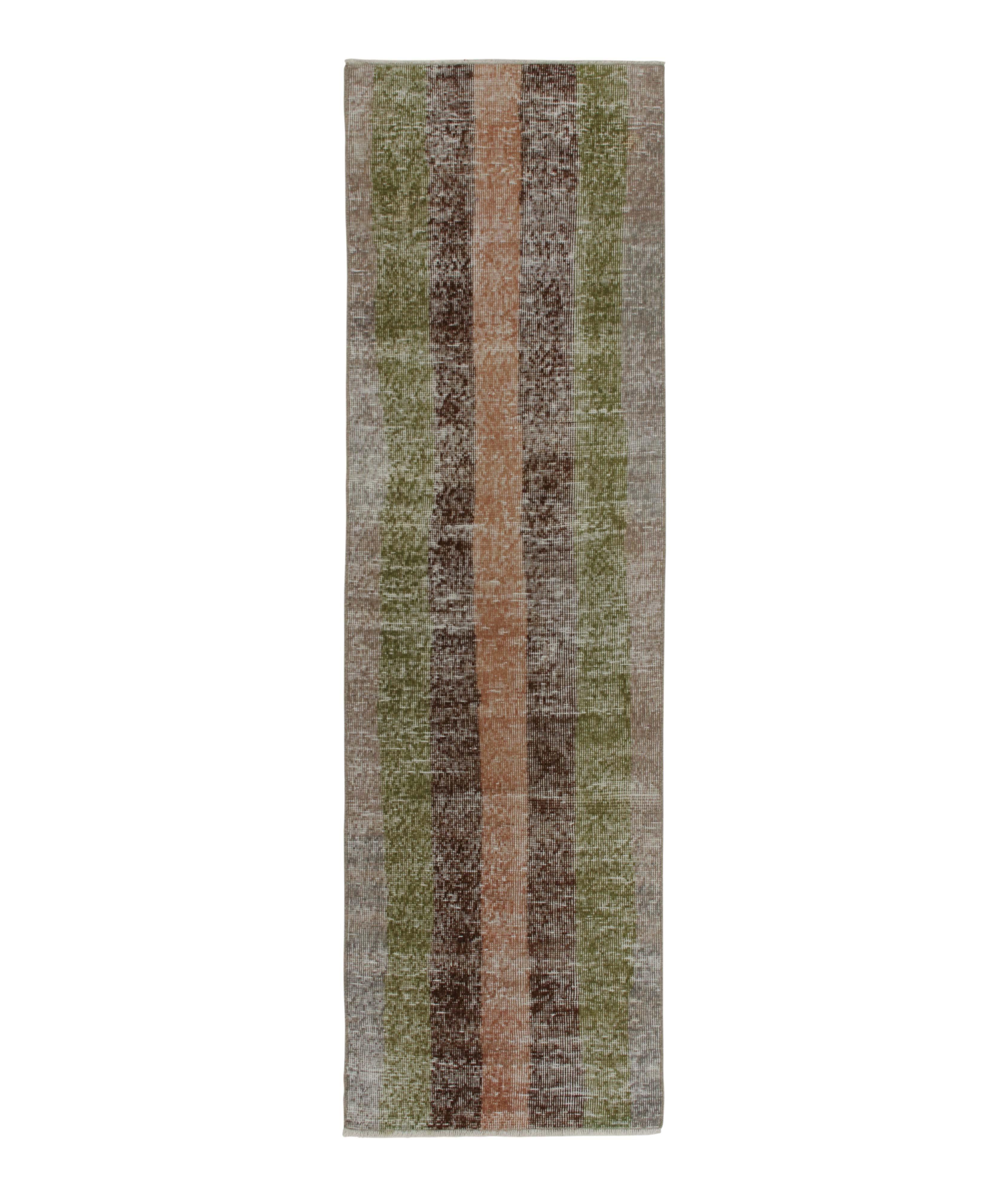 1960s Vintage Distressed Runner in Rust, Beige-Brown and Green Stripes image 0