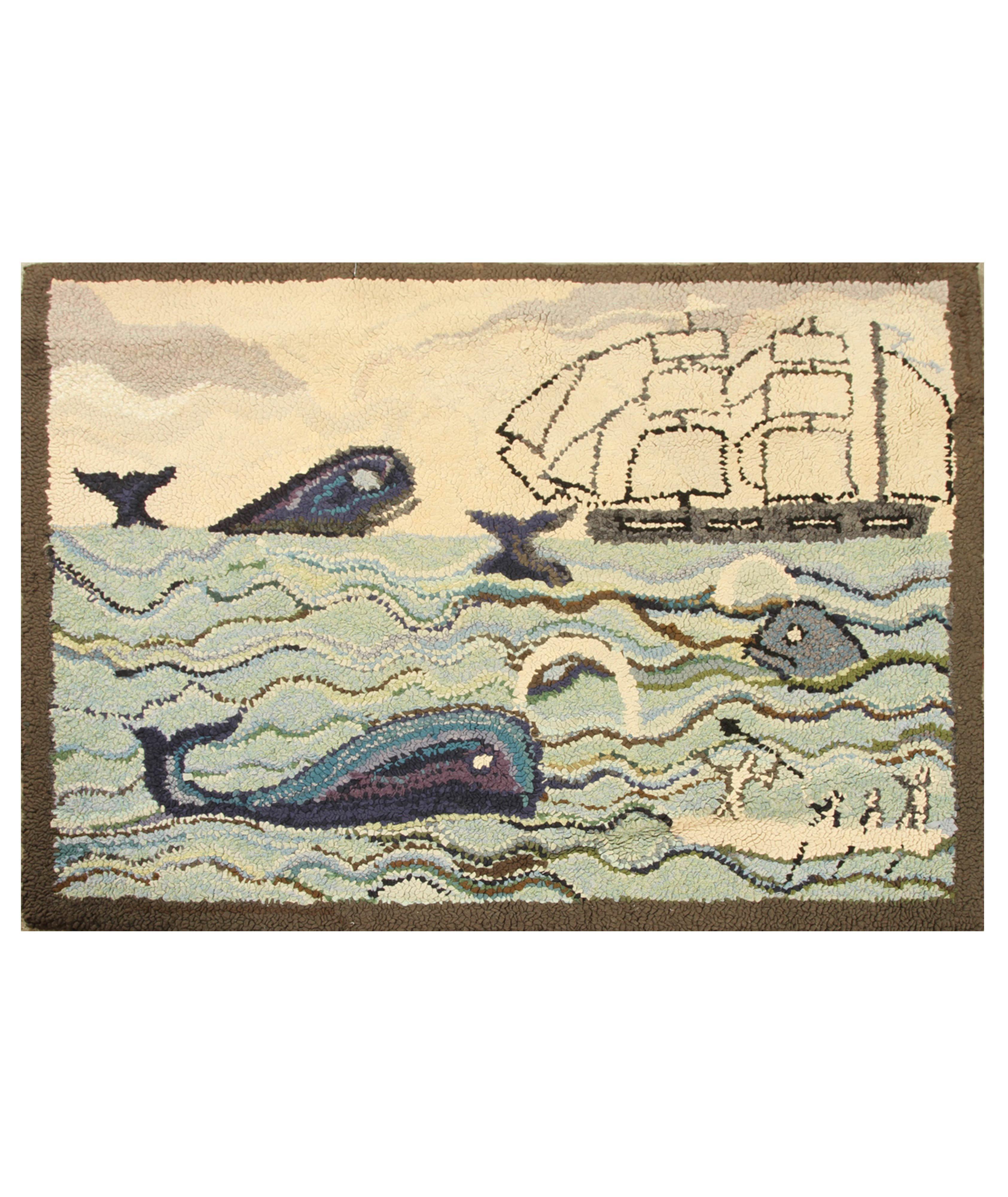 Antique Hand-Hooked Pictorial Rug – Whales 12754 image 1
