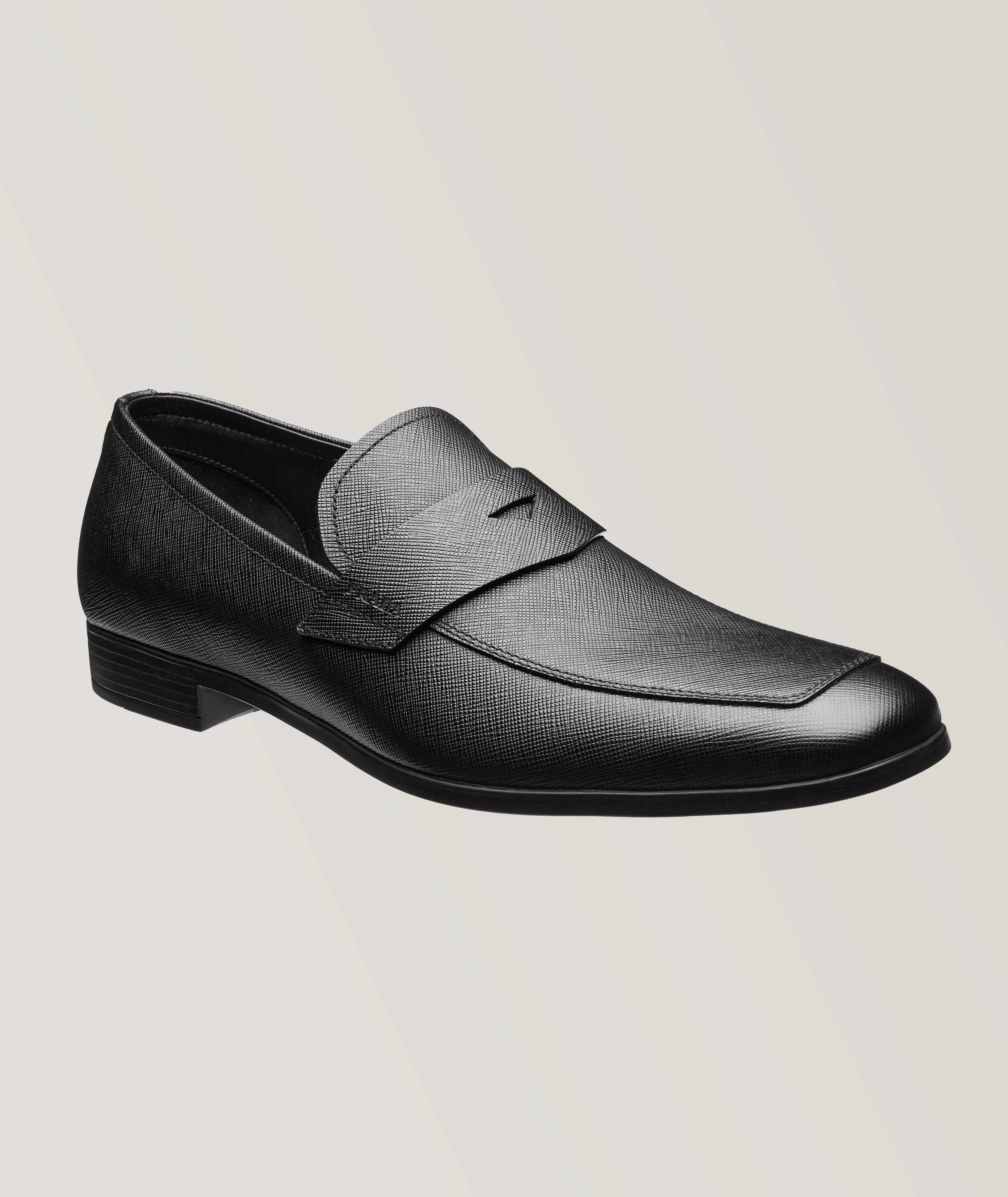 Prada Logo Embossed Leather Penny Loafers