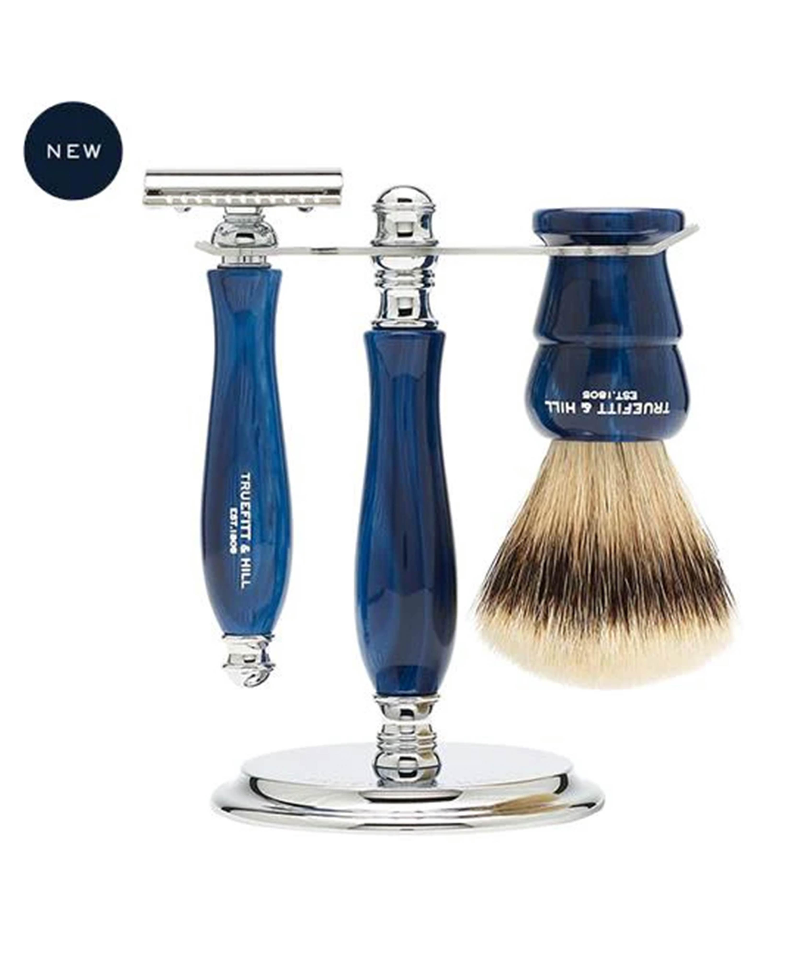 Jubilee Collection Faux Blue Opal: Silvertip Badger Brush/De Razor/Stand image 0