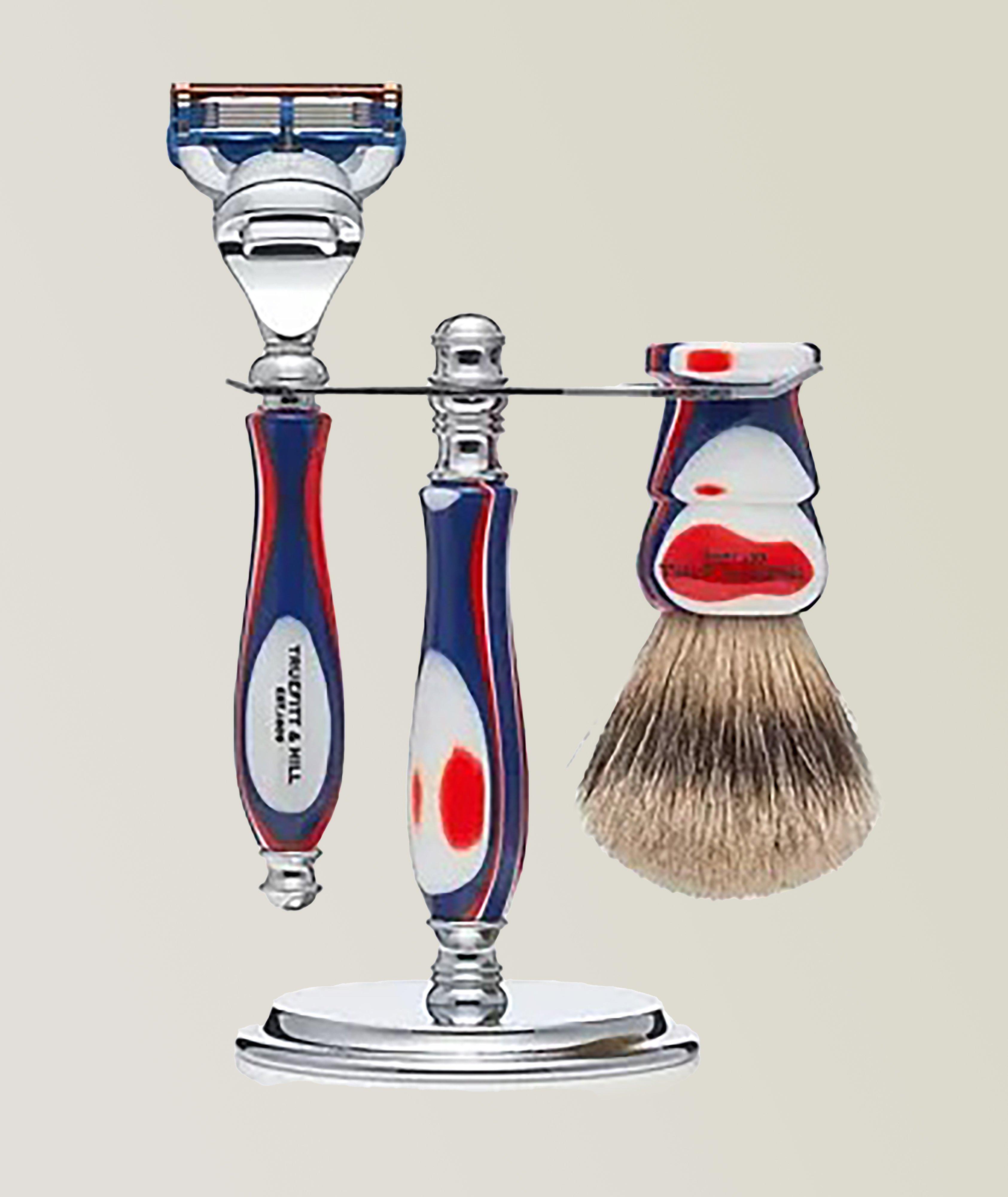 Jubilee Collection Festive(Red/White/Blue): Silvertip Badger Brush/Fusion Razor/Stand image 0