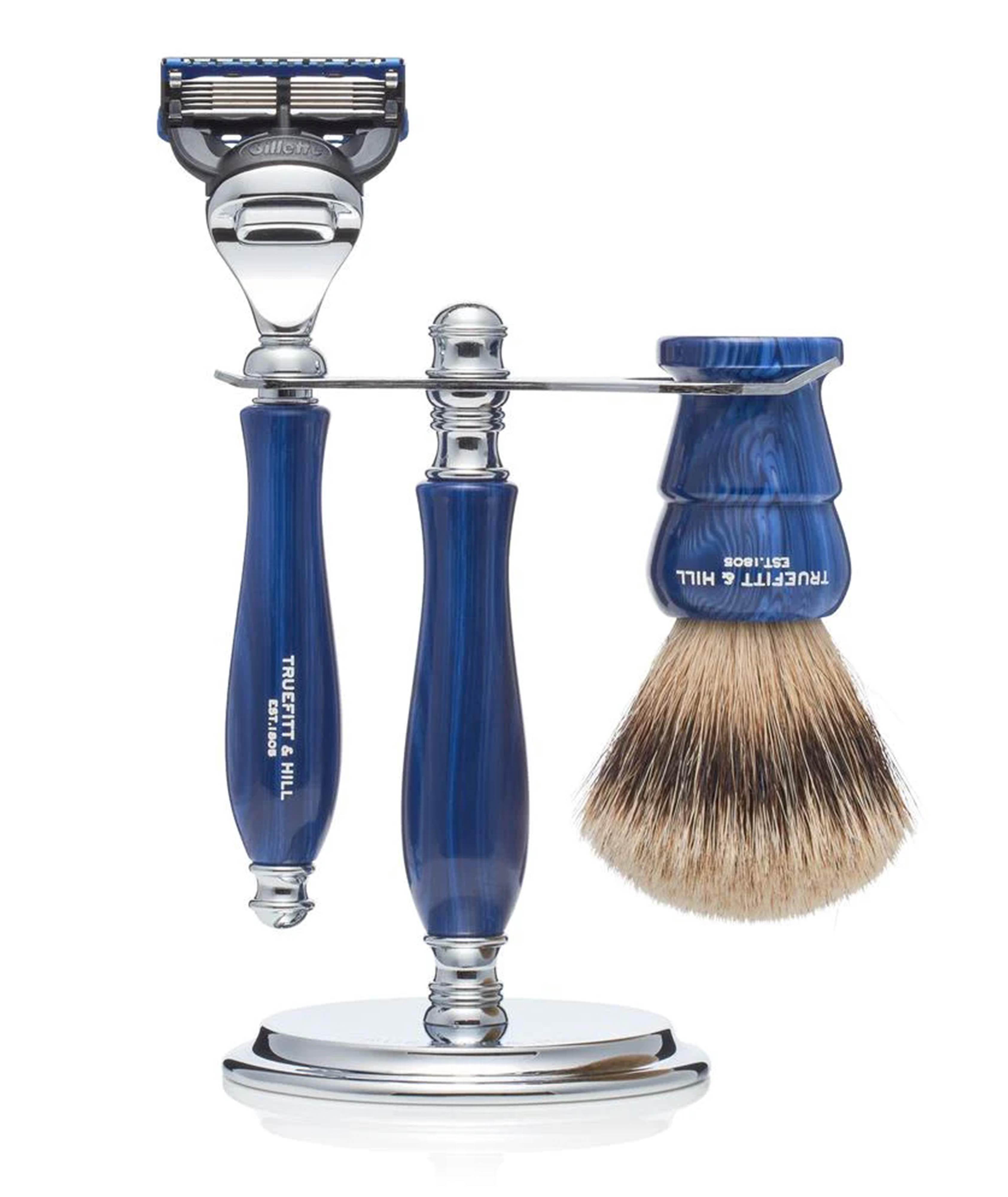 Jubilee Collection Faux Blue Opal: Silvertip Badger Brush/Fusion Razor/Stand image 0