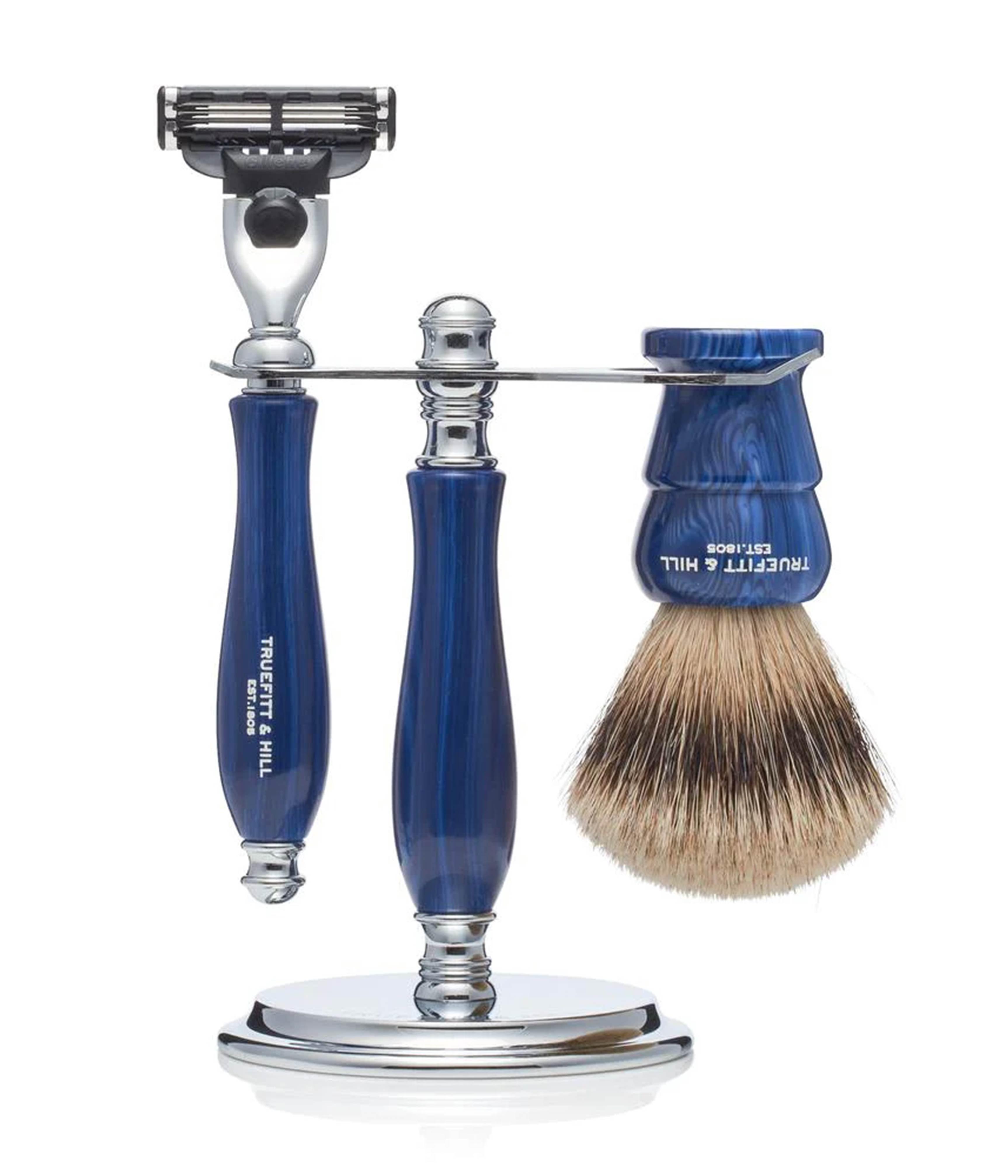 Jubilee Collection Faux Blue Opal: Silvertip Badger Brush/Mach Iii Razor/Stand image 0