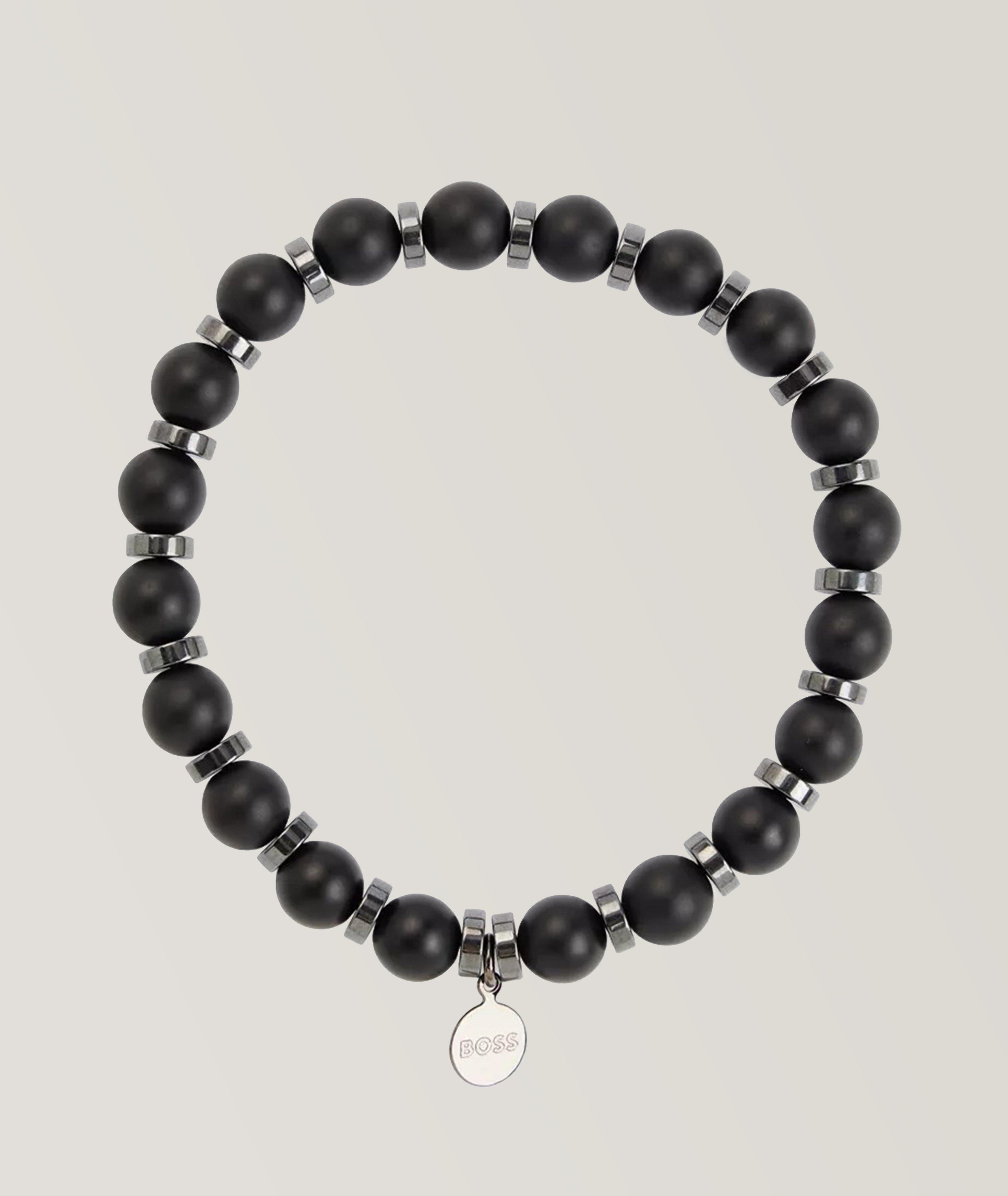 Matte Agate Beaded Metal Logo Tag Bracelet image 1