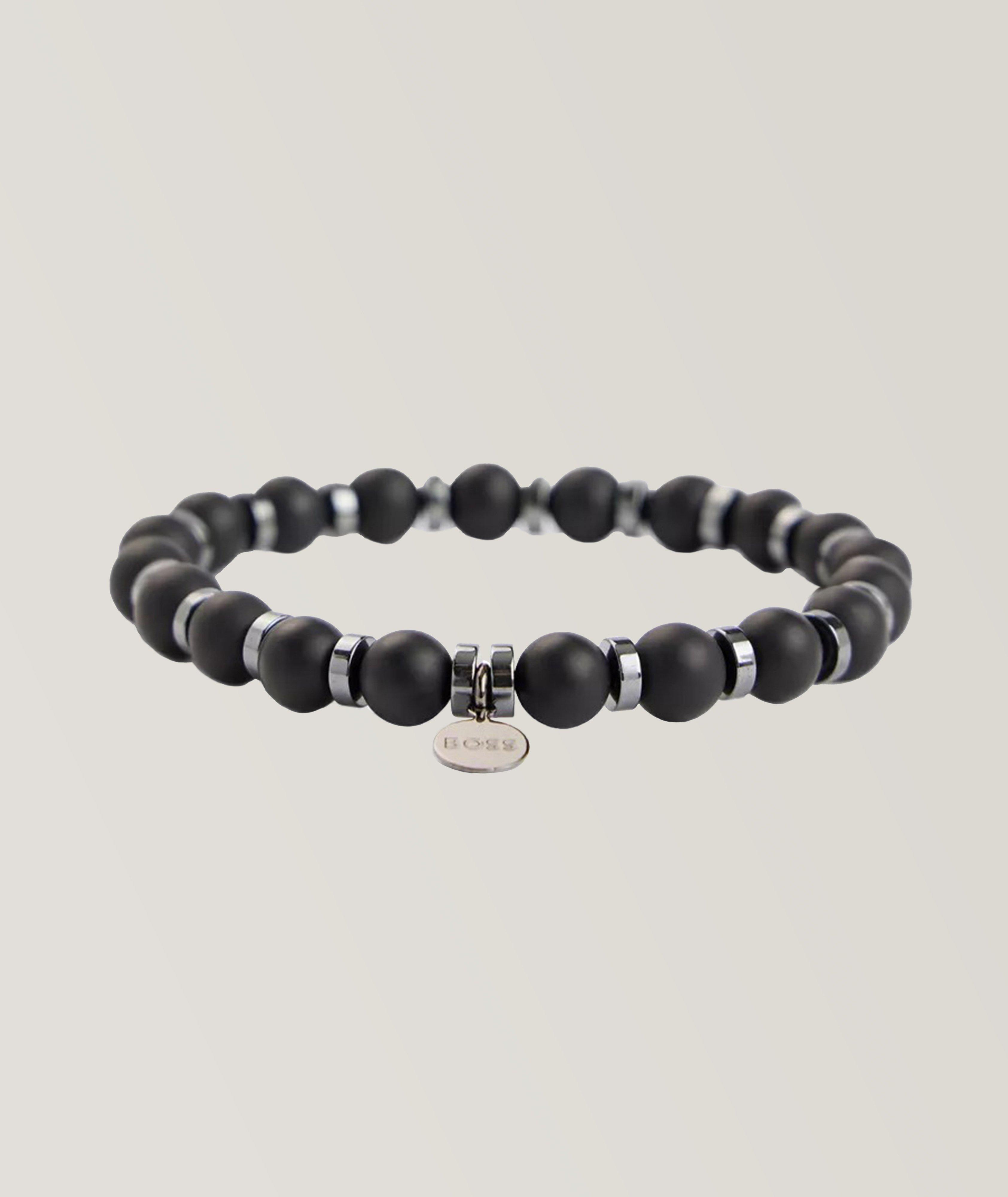 Matte Agate Beaded Metal Logo Tag Bracelet image 0