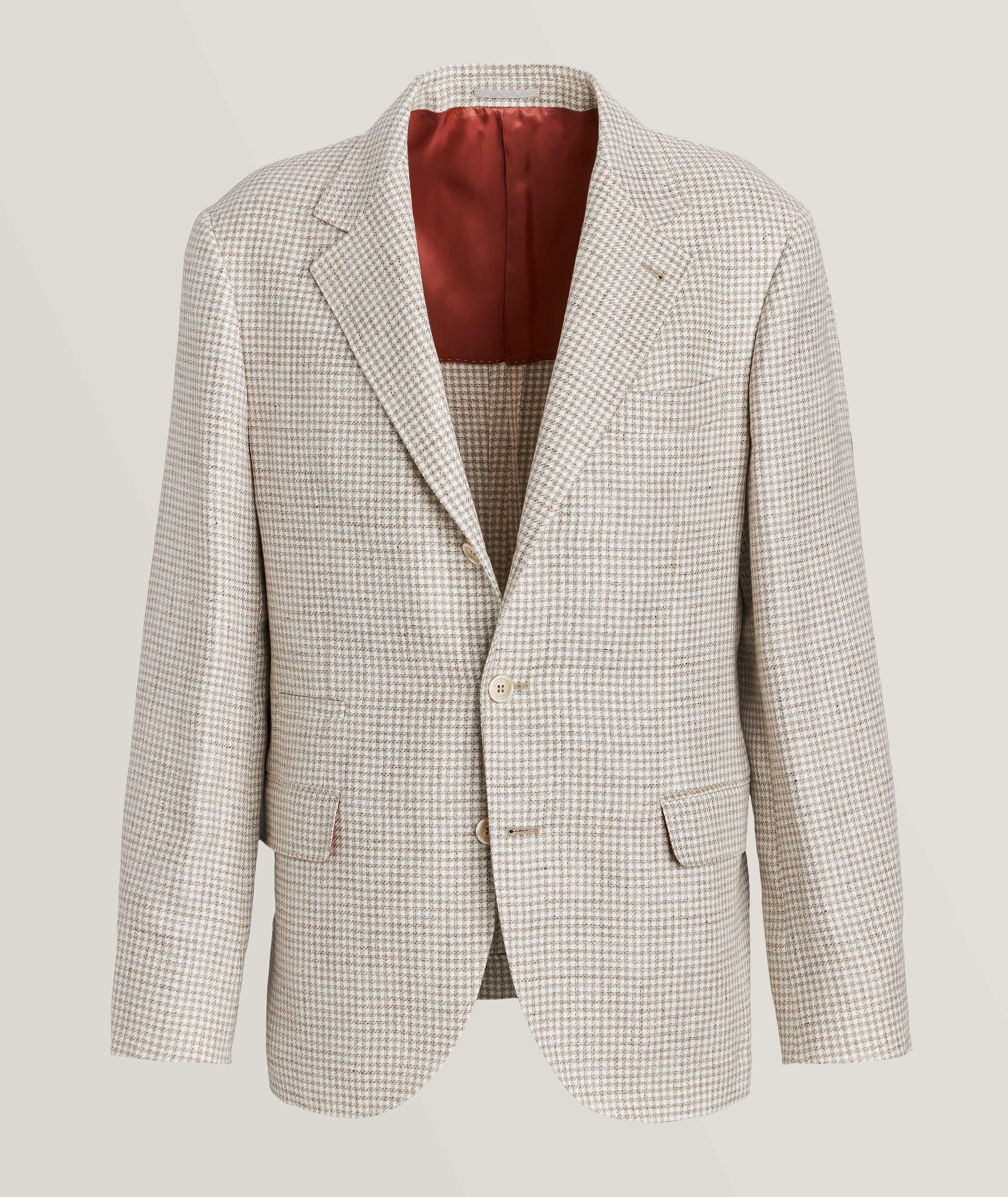 Brunello Cucinelli Houndstooth Pattern Linen, Wool & Silk Sport Jacket