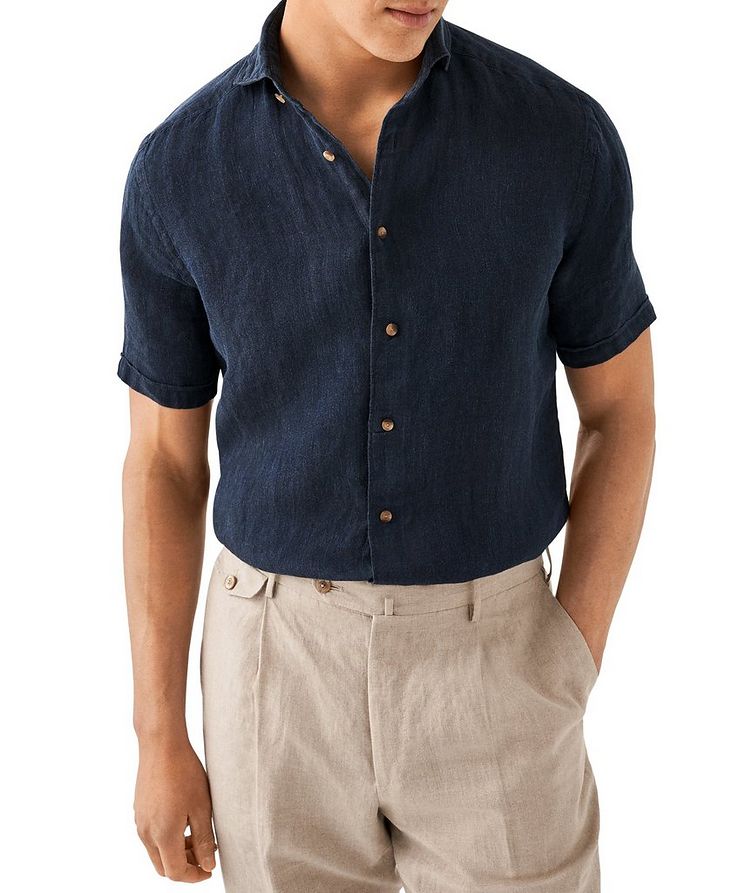 Slim Fit Herringbone Linen Short Sleeve Shirt image 1