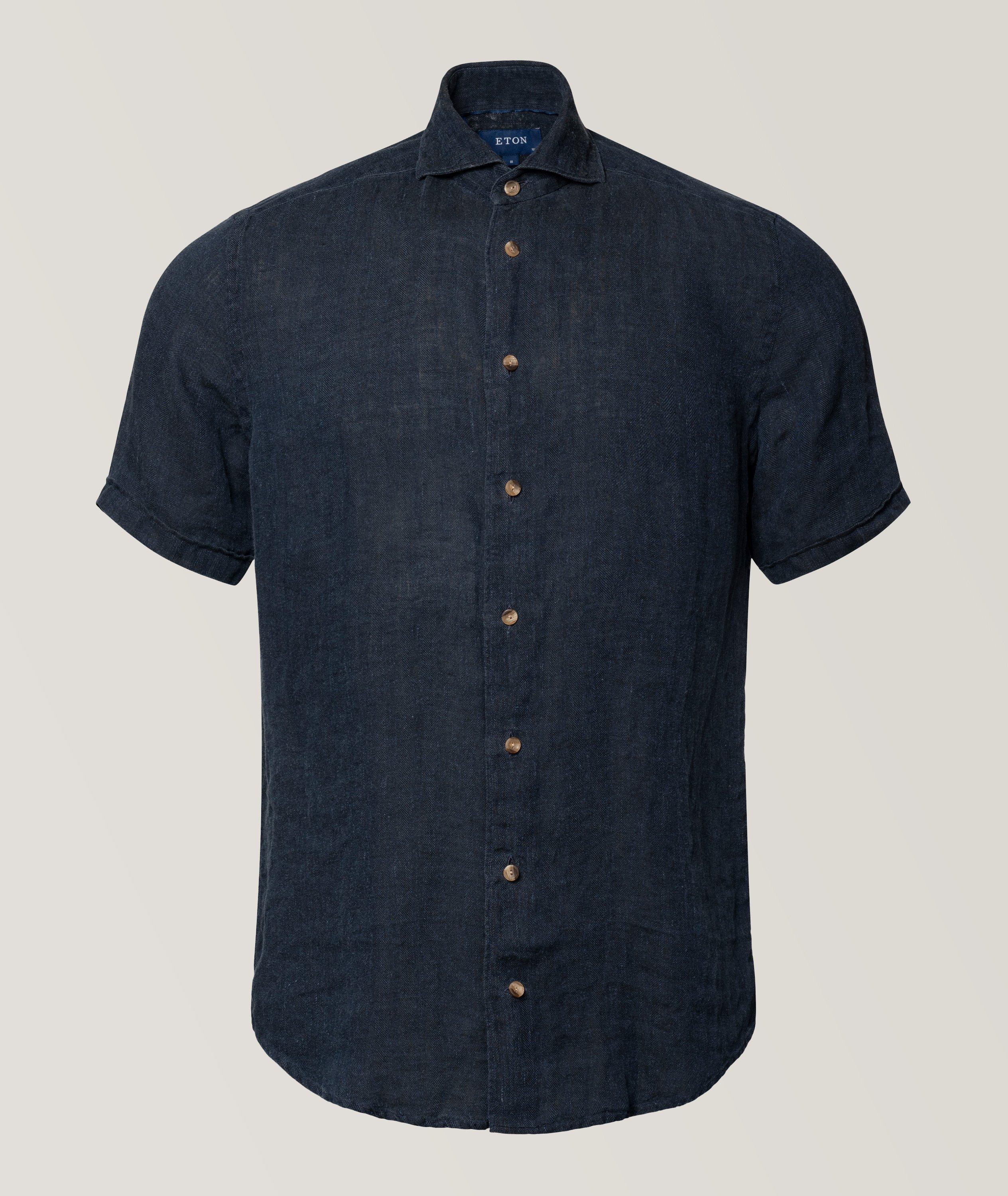 Slim Fit Herringbone Linen Short Sleeve Shirt image 2