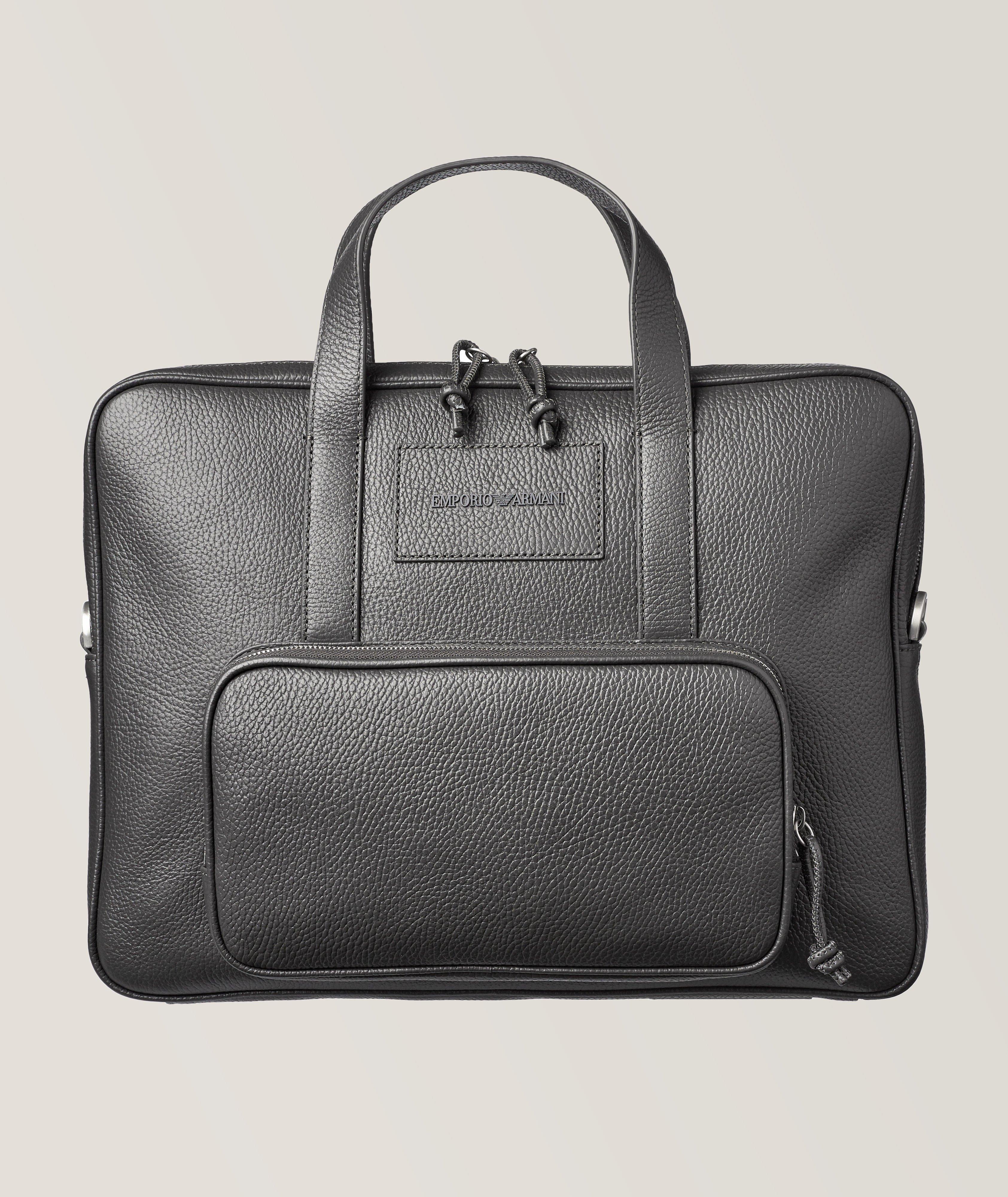 Emporio Armani 3D Logo Embossed Tumbled Leather Briefcase in Grey