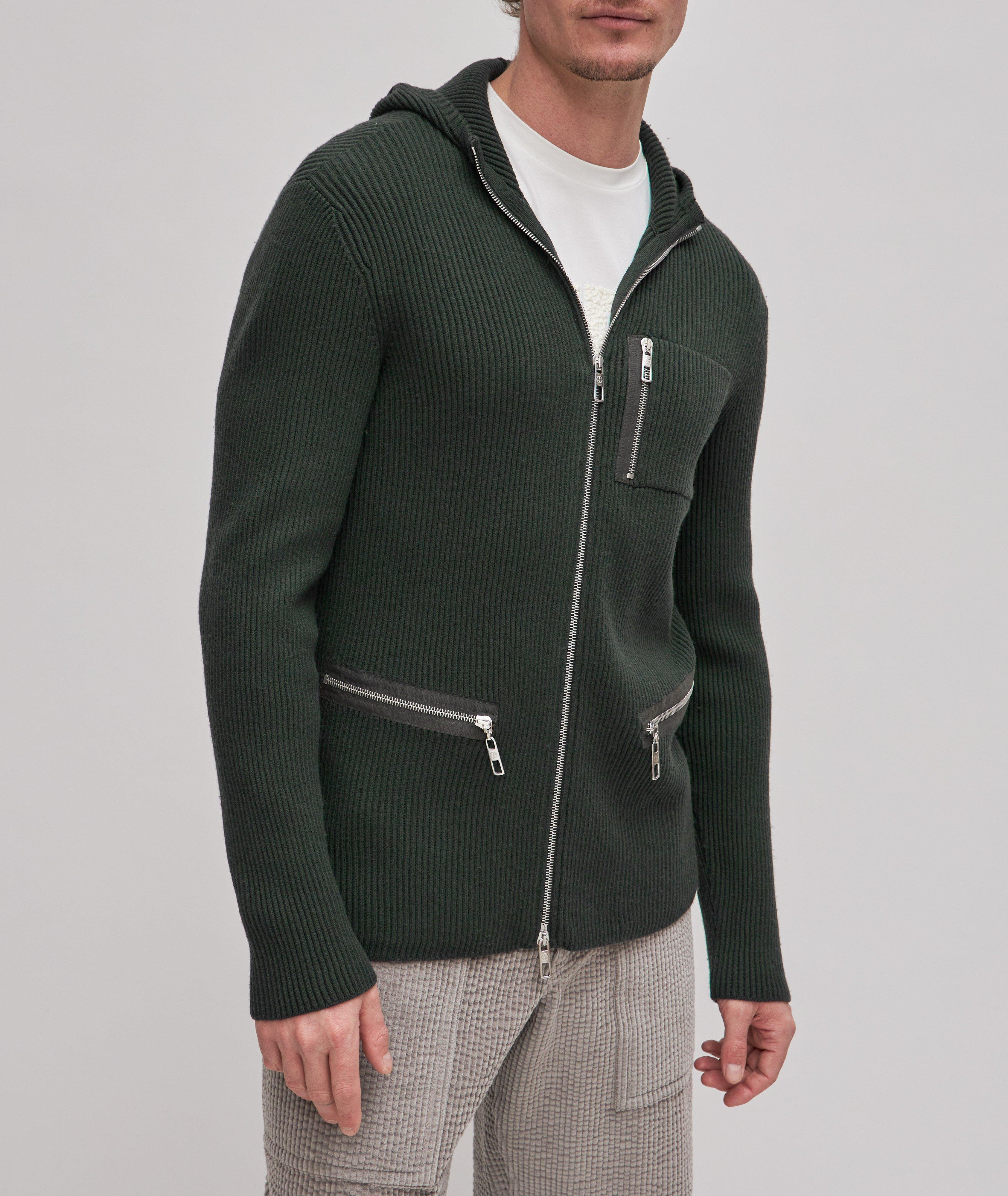 Texture Ribbed-Knit Hooded Full-Zip Sweater image 1