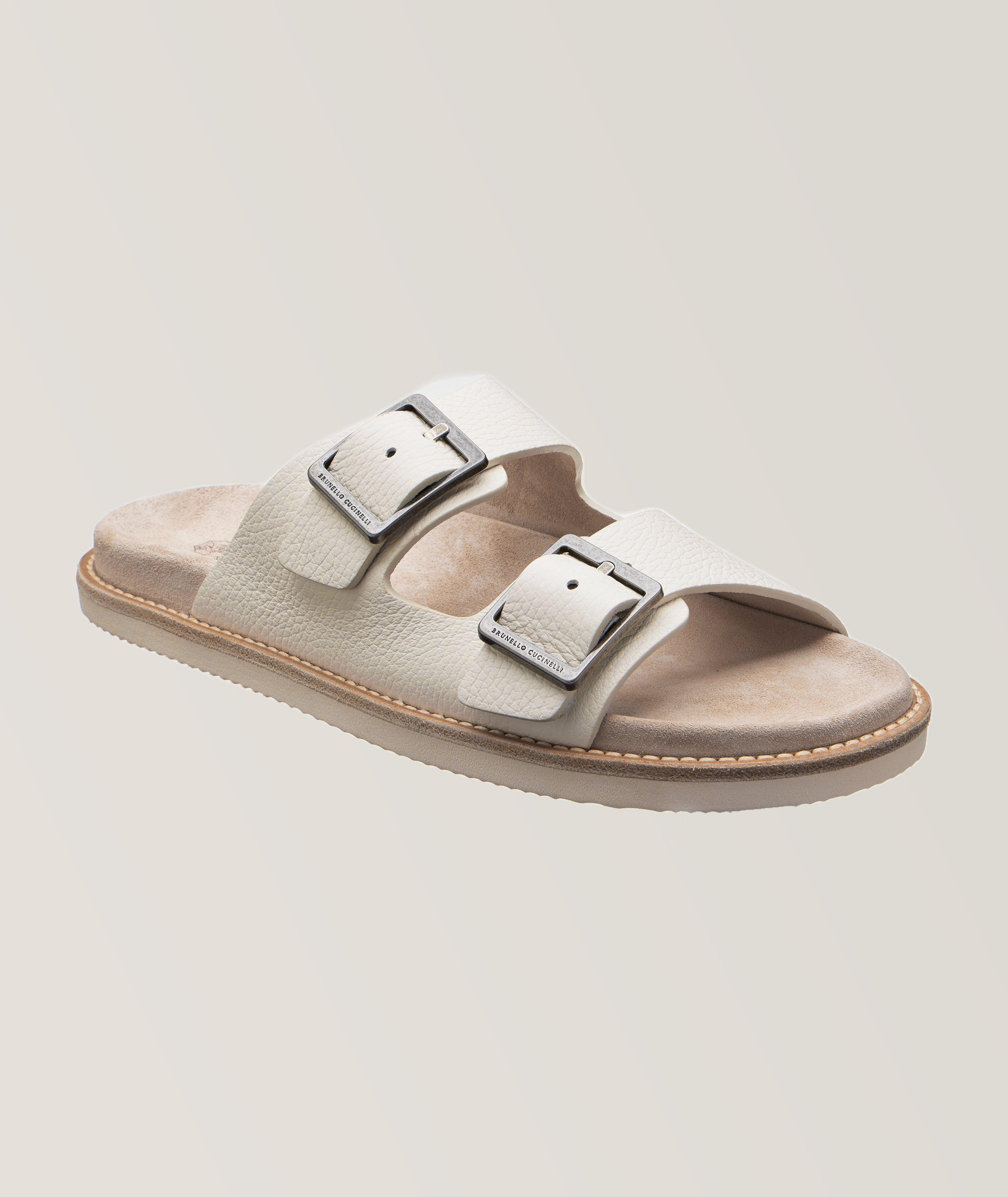 Brunello Cucinelli Textured Deerskin Double Buckle Slip On Sandals 