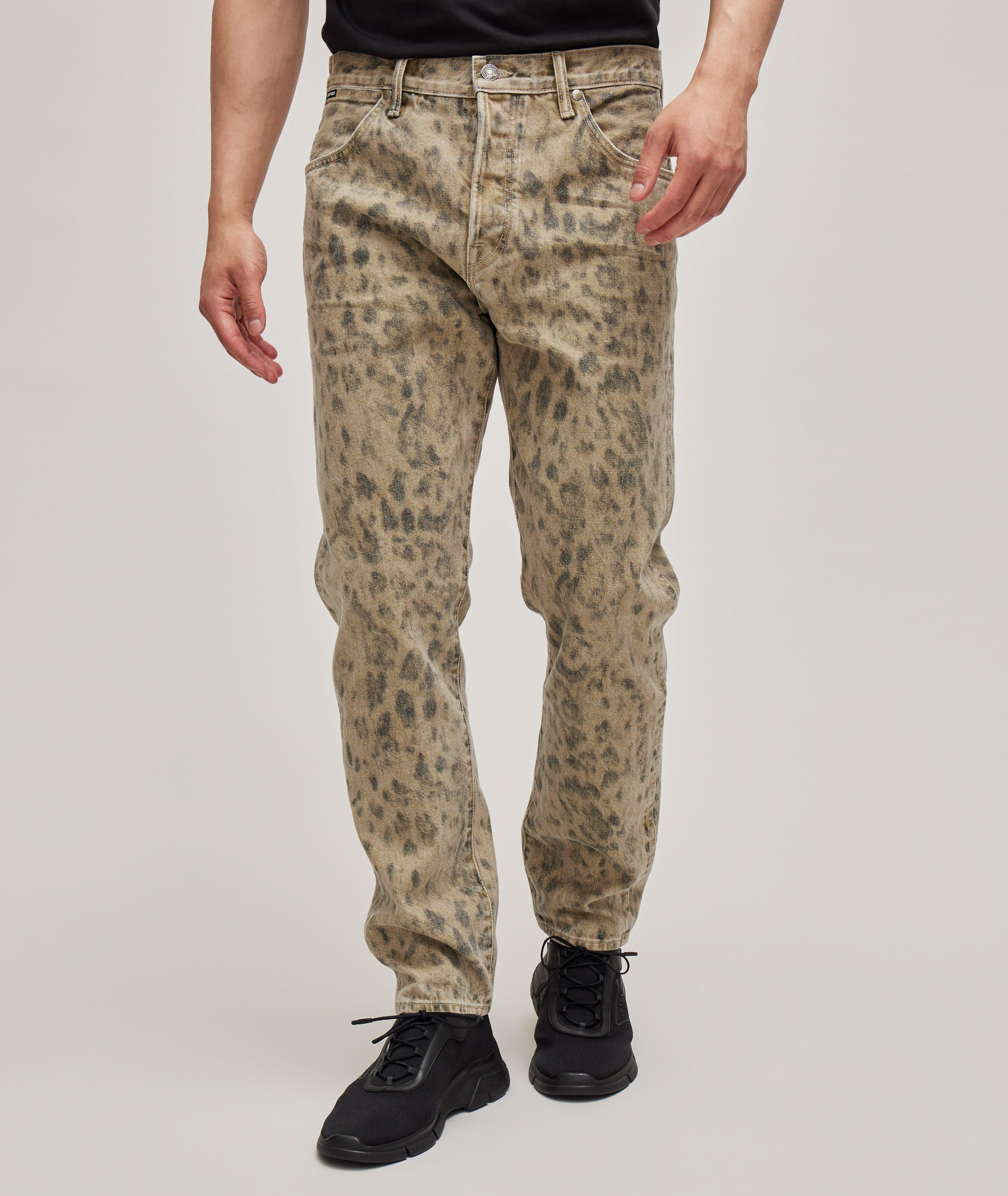Slim-Fit Distressed Leopard Pattern Cotton Jeans image 1