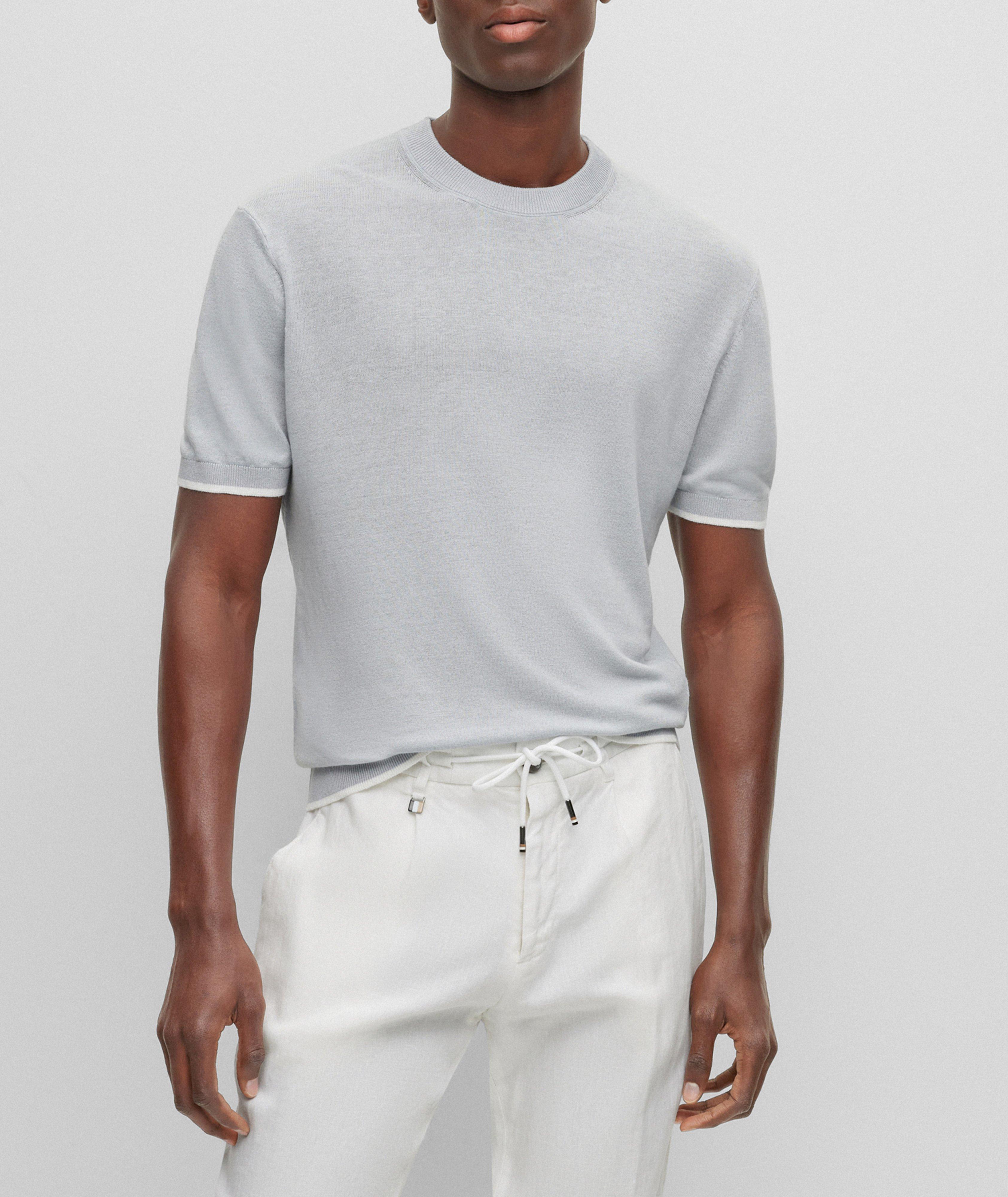 Short-Sleeve Contrast-Tipped Linen-Stretch Sweater  image 2