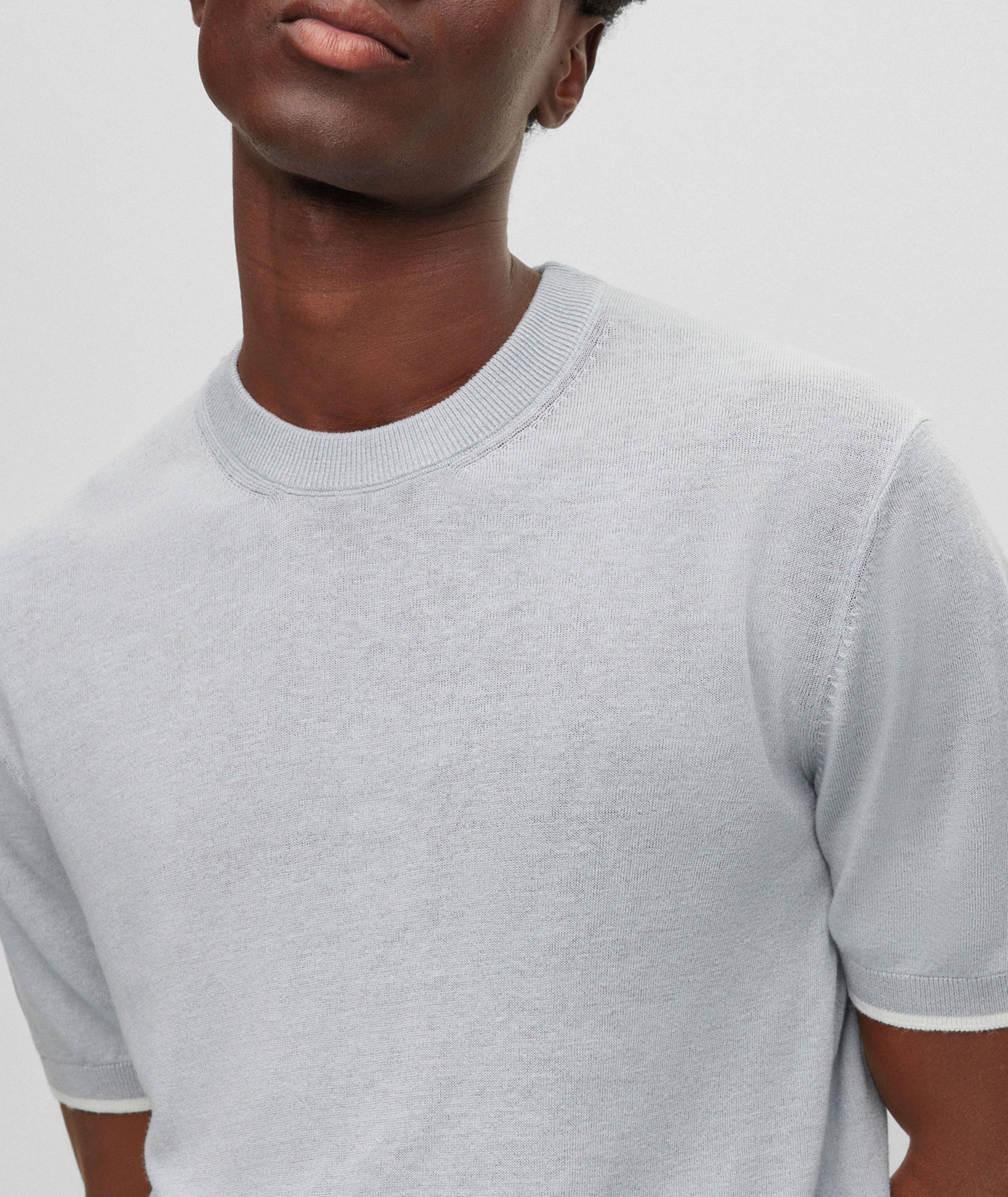 Short-Sleeve Contrast-Tipped Linen-Stretch Sweater  image 4