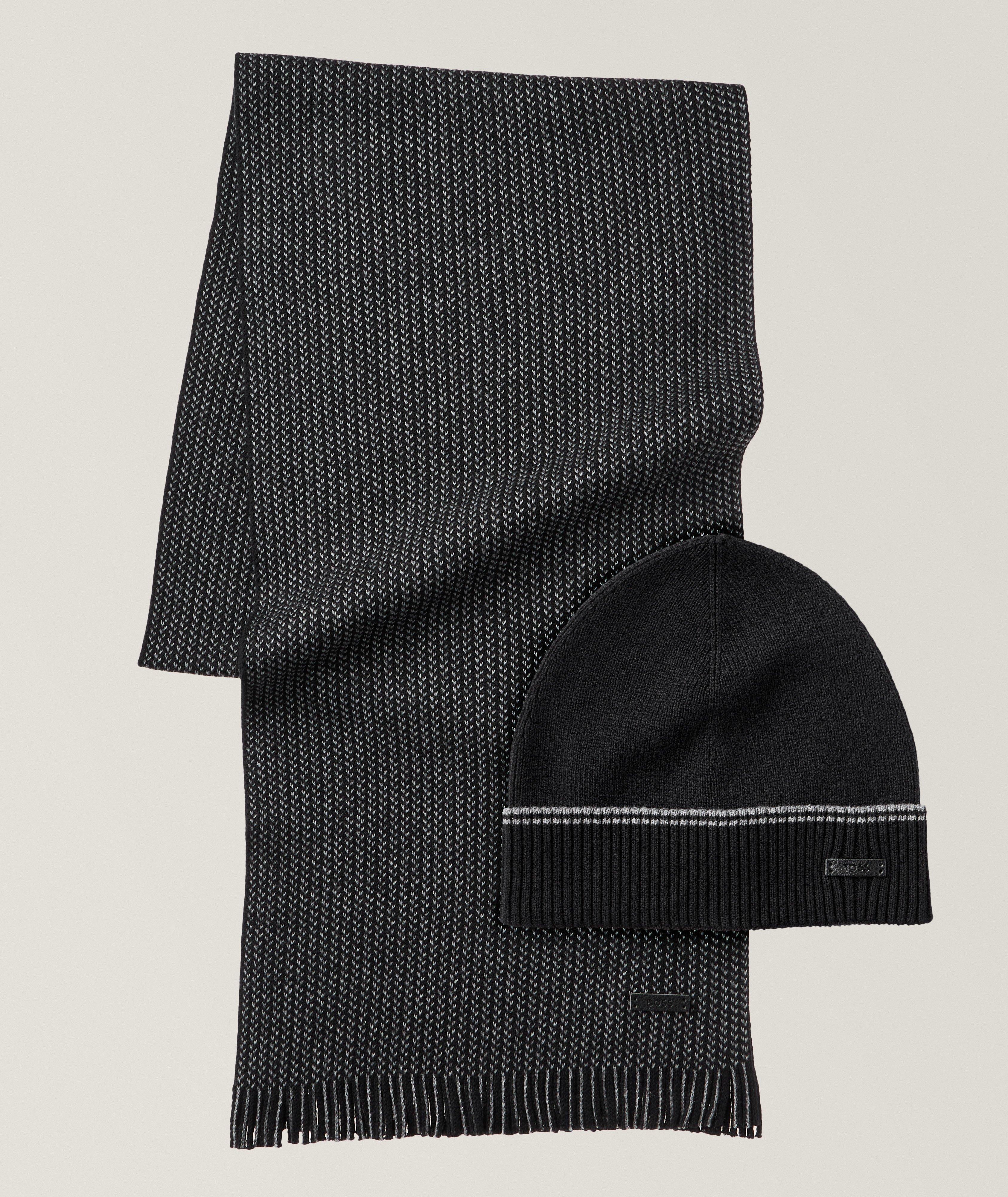 BOSS Raschel Knit Cotton-Wool Scarf & Beanie Gift Set in Black