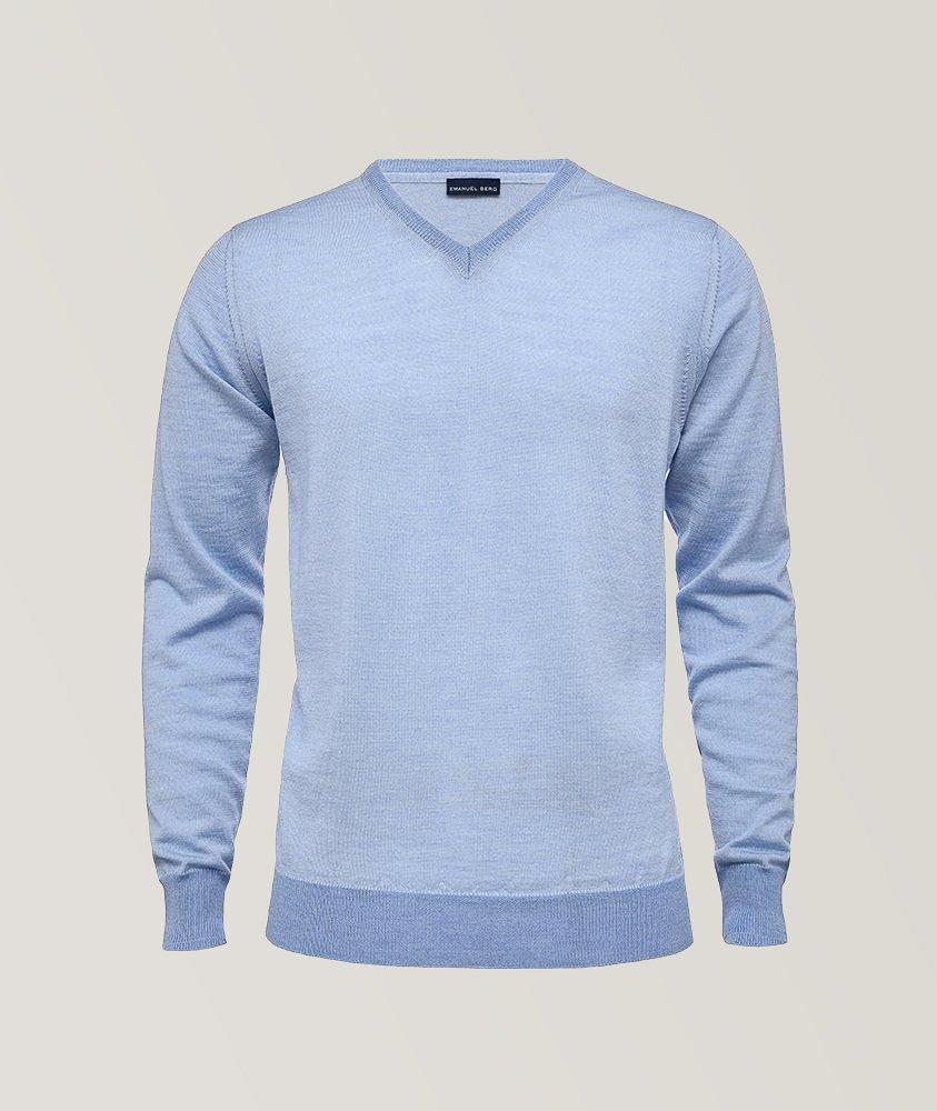Pull en laine mérinos à encolure en V et à détails contrastants image 0