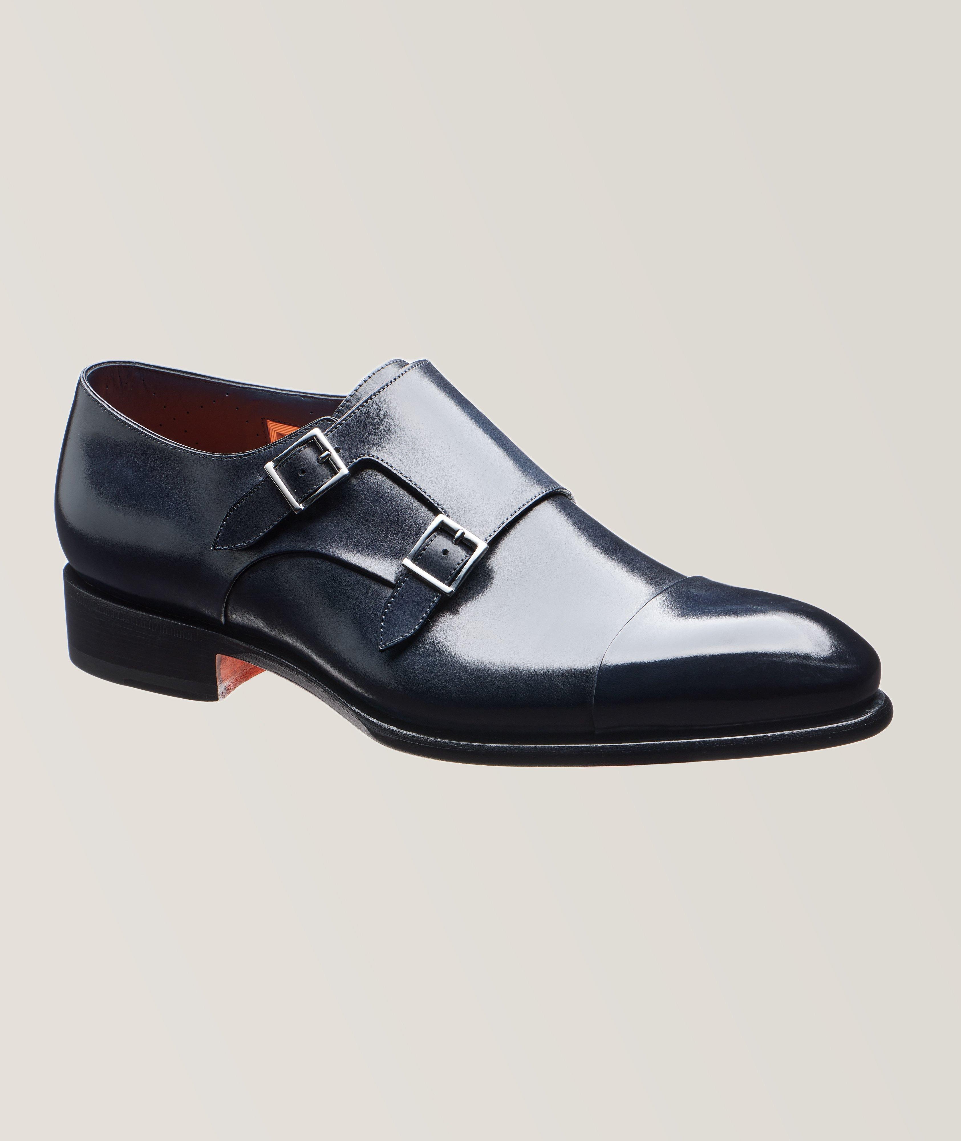 Burnished Leather Double Monk Strap Shoes