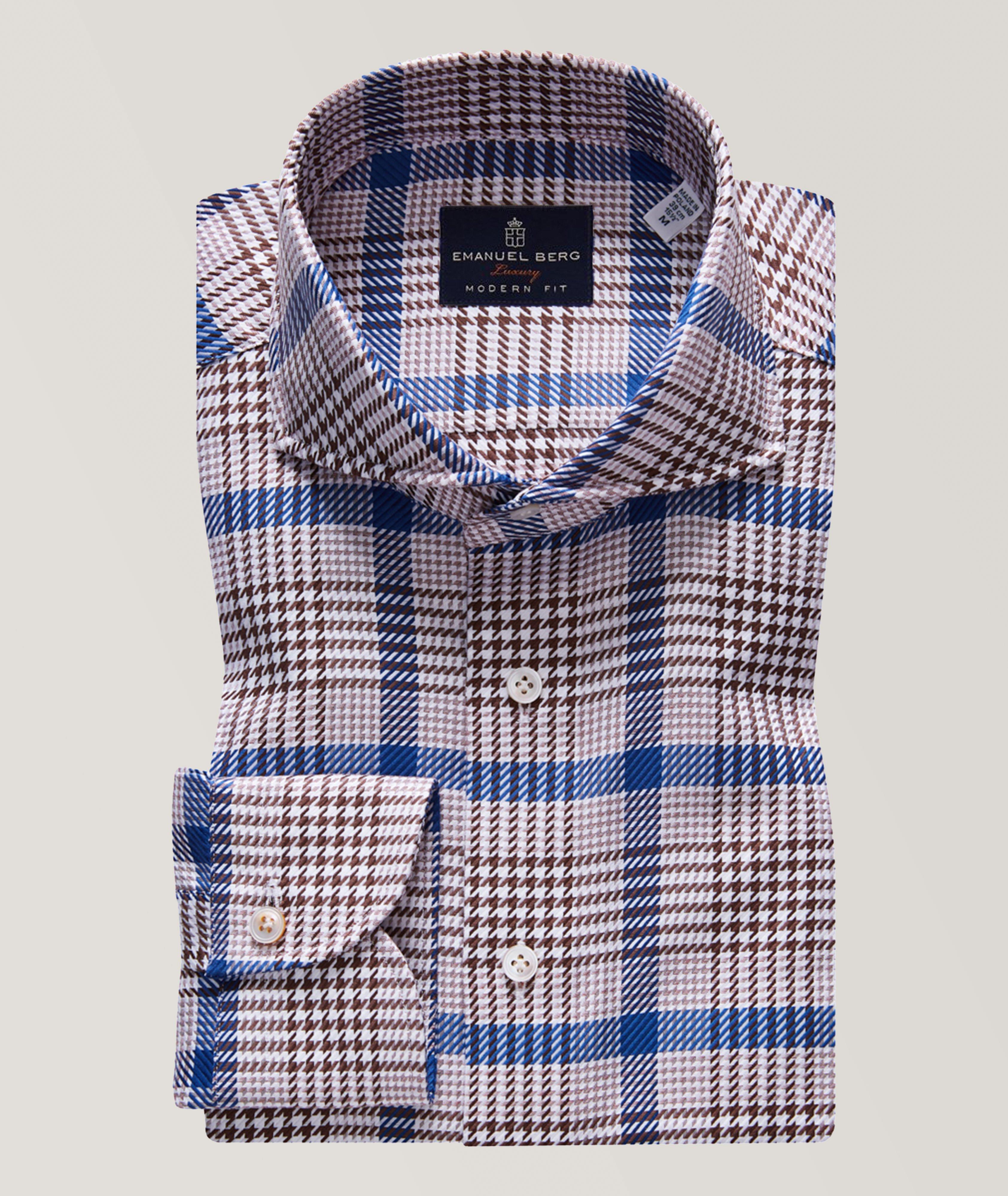 Fine Twill Modern Fit Dress Shirt with Cutaway Collar in Blue Check by  Emanuel Berg - Hansen's Clothing