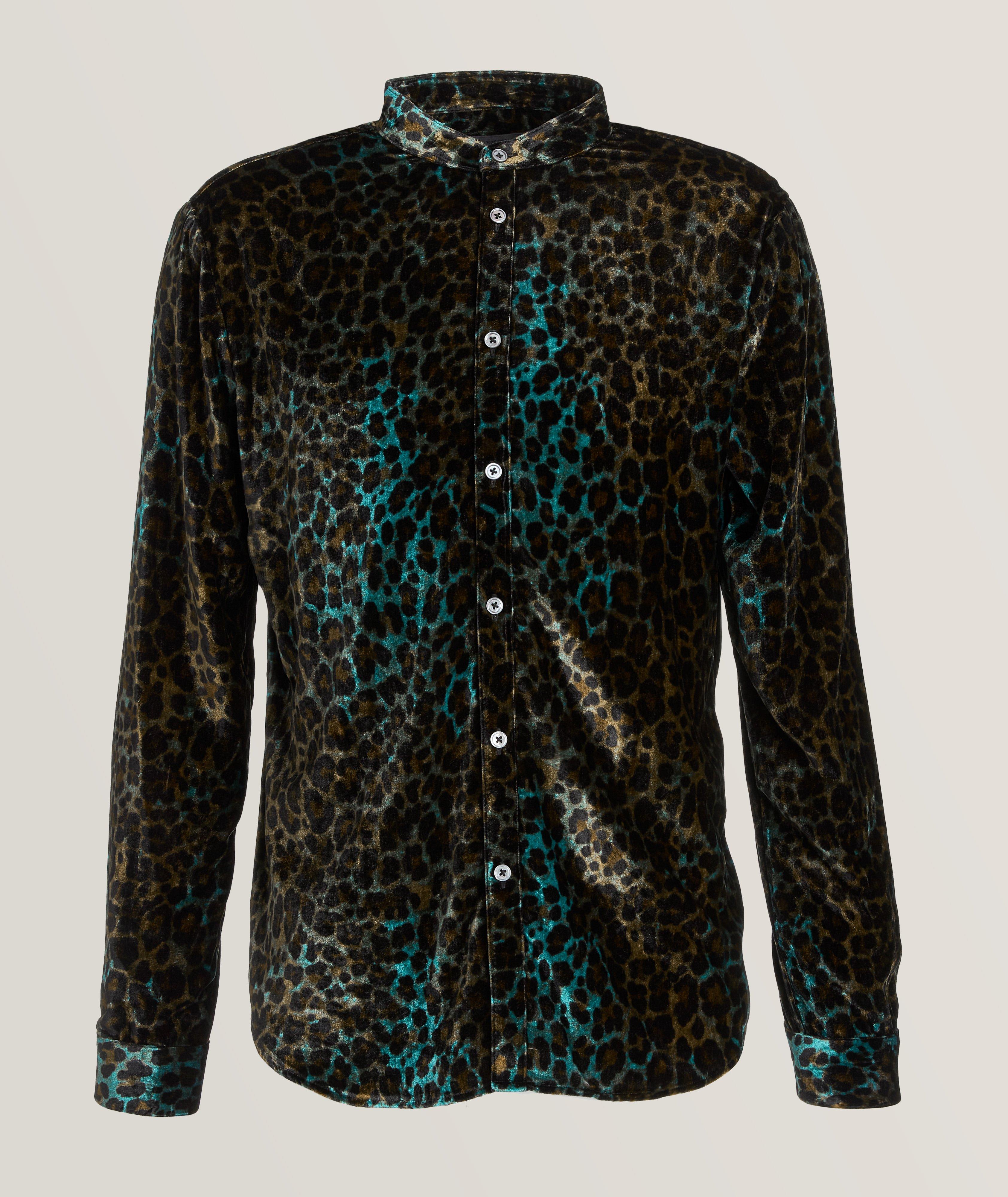 Leopard Jacquard Tie Waist Shirt with Collar