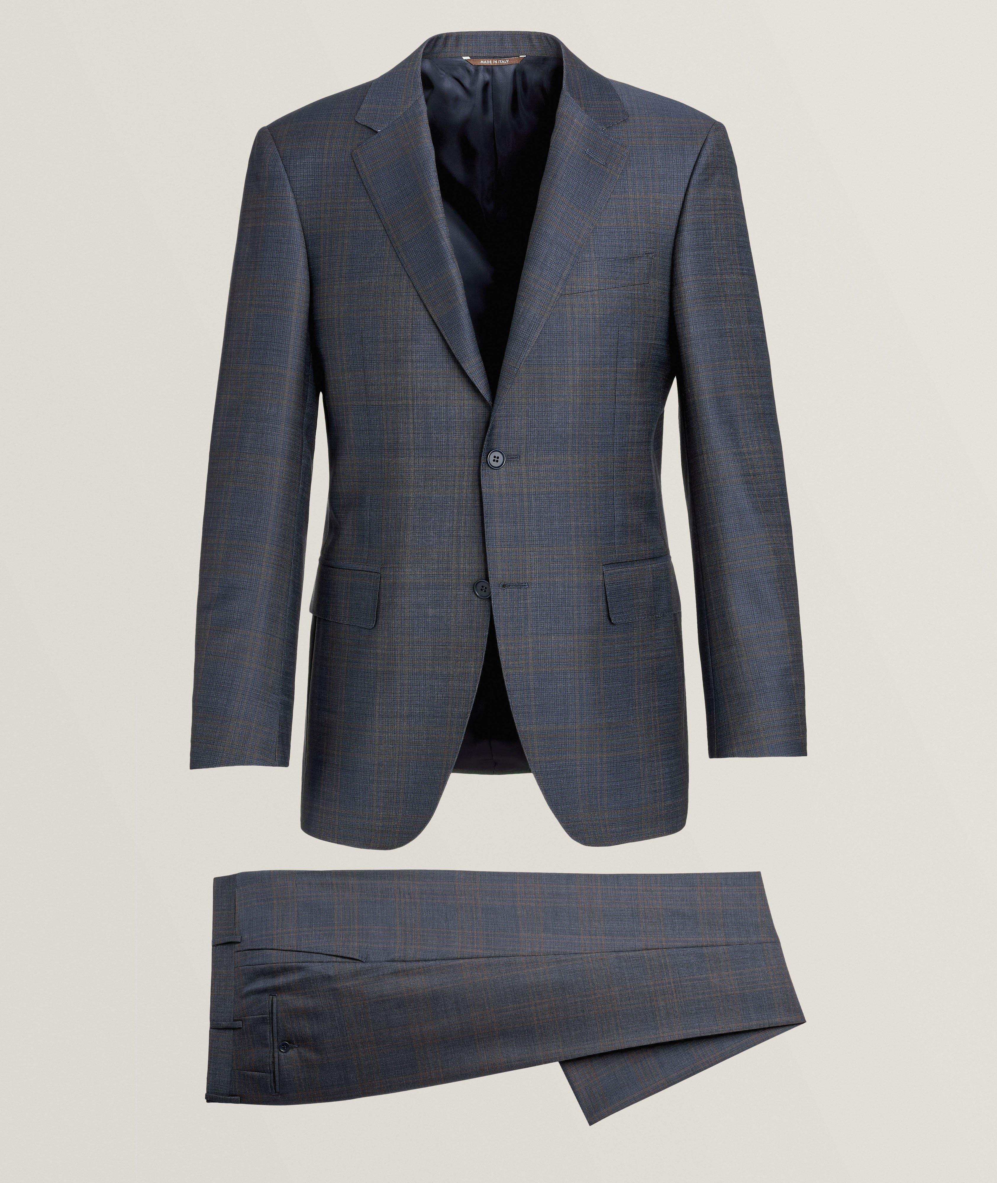 Slim Fit 2 Button Vest Optional Peak lapel Windowpane Plaid Suit