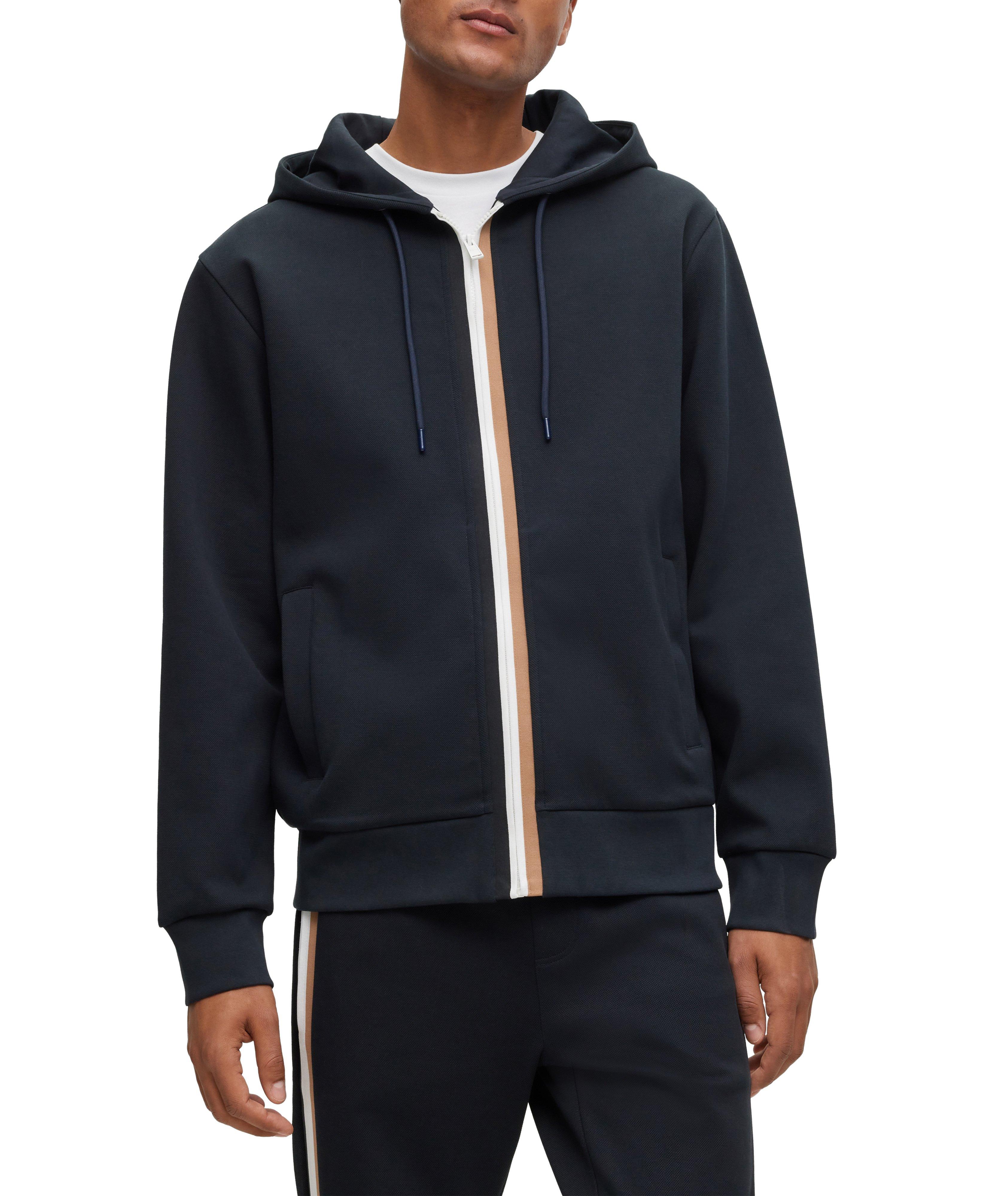 Striped Placket Full-Zip Hooded Sweater image 1