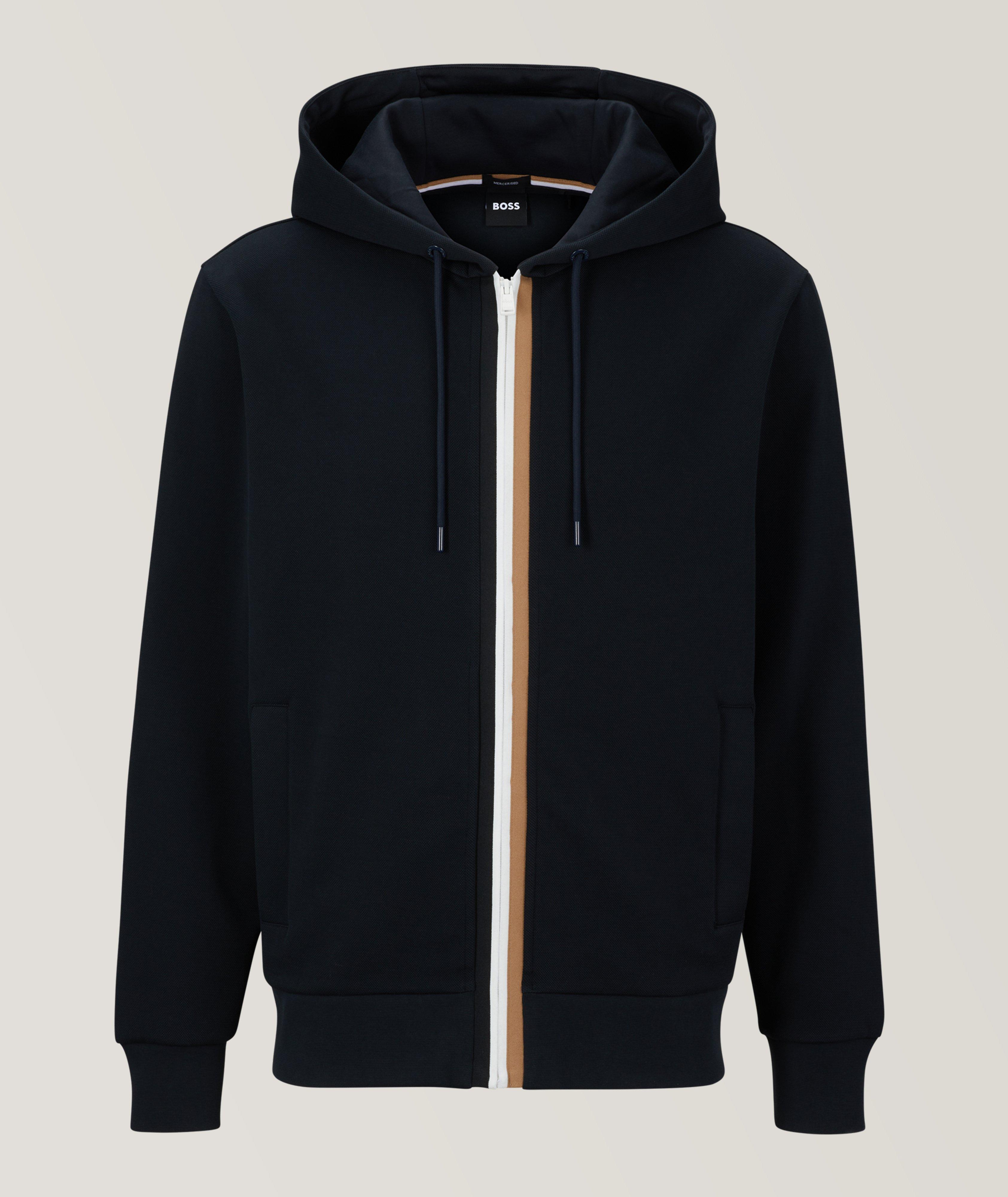 Striped Placket Full-Zip Hooded Sweater image 0