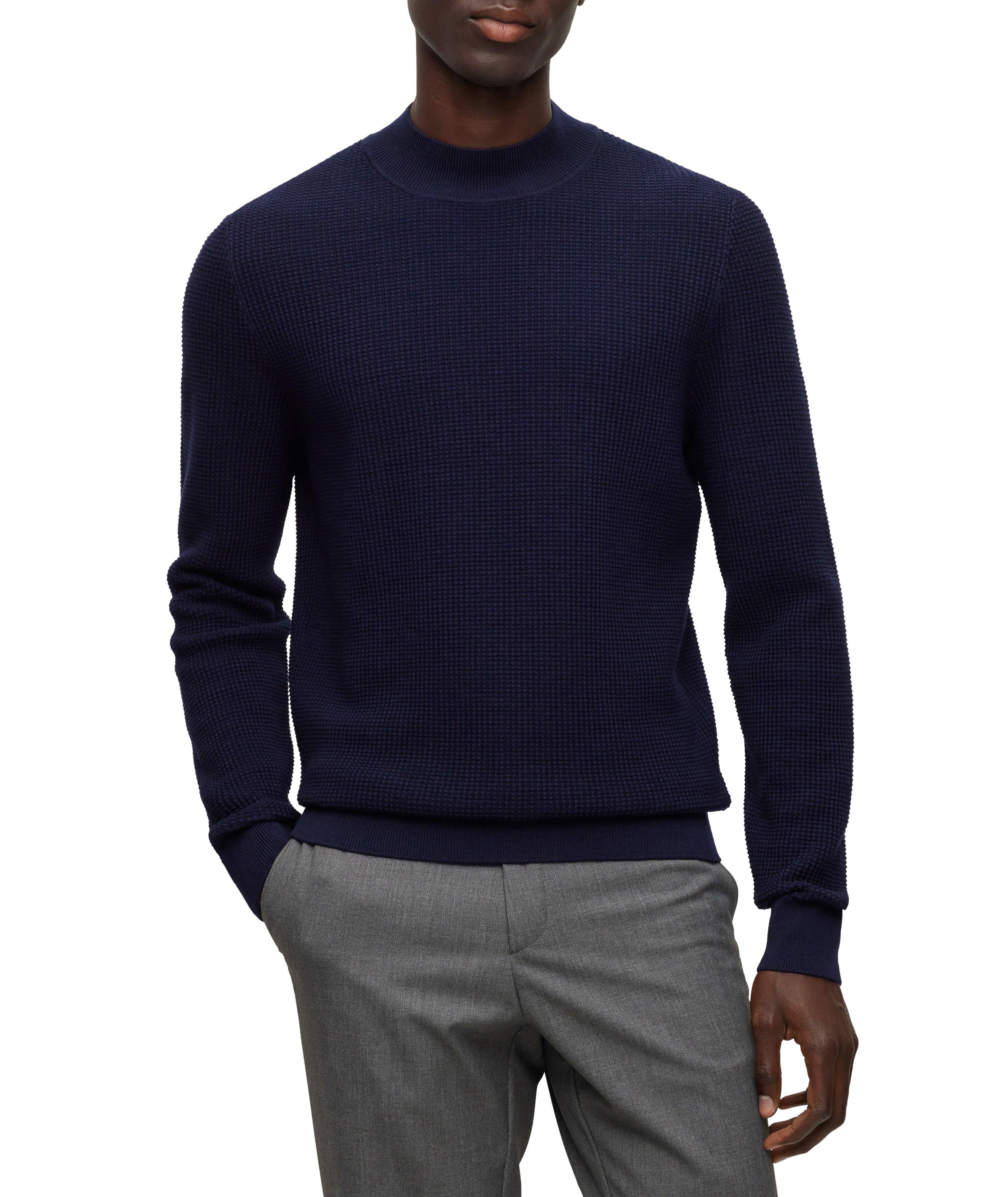 Waffle Knit Virgin Wool-Cotton Mock Neck Sweater image 1