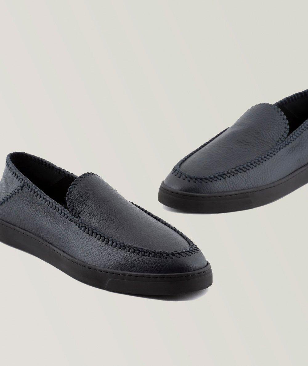 Exposed Threading Deerskin Leather Slip-Ons